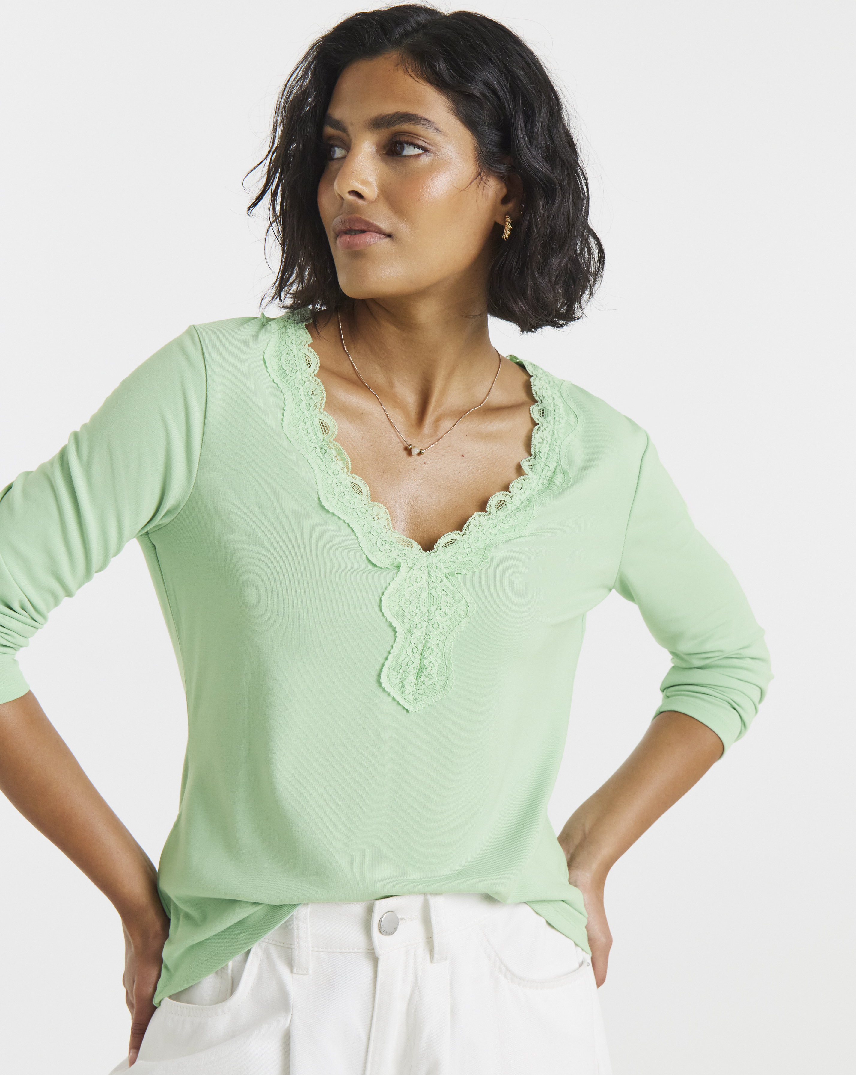 Simply Be Sage Green Cosy Lace V Neck Long Sleeve Top