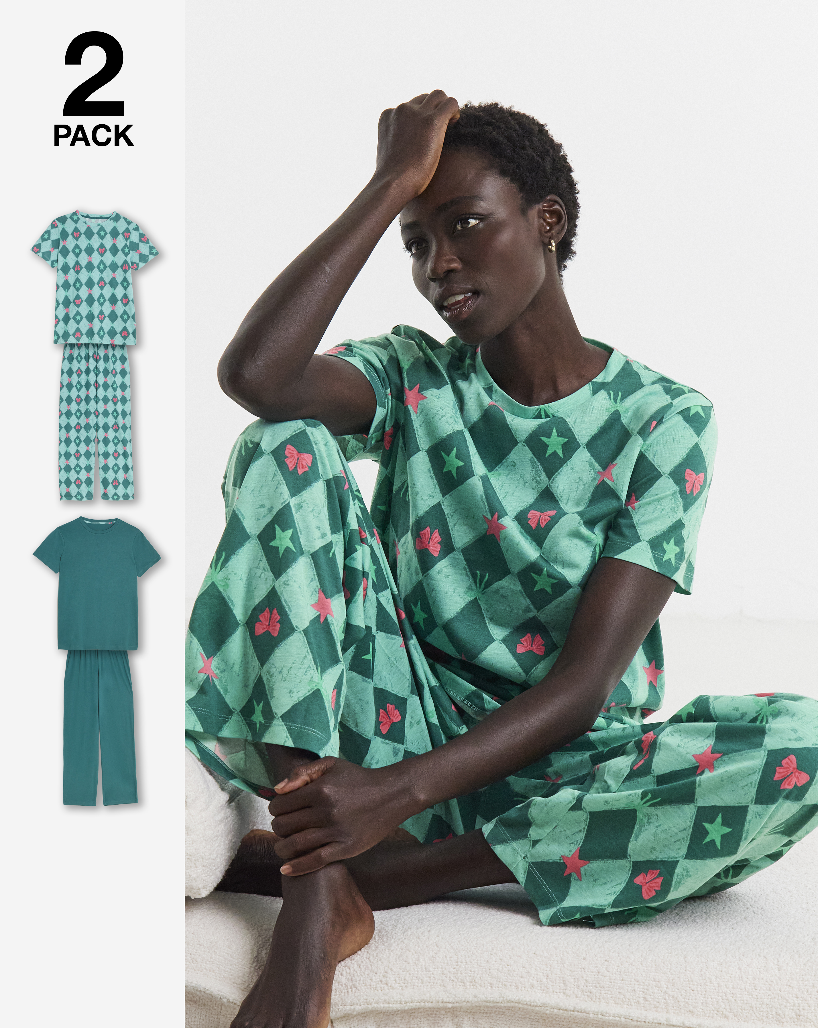 Value Bright Bow 2 Pack Pyjamas