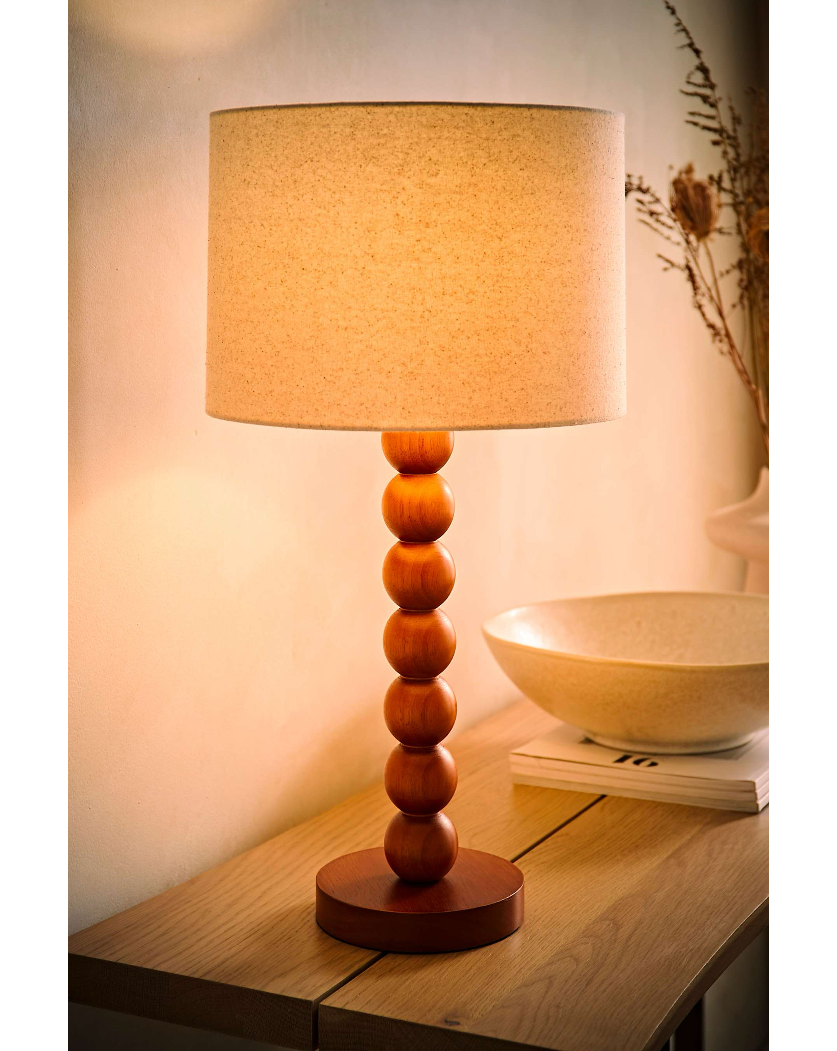 ValueLights Wyatt Wood Bobble Table Lamp with Linen Shade