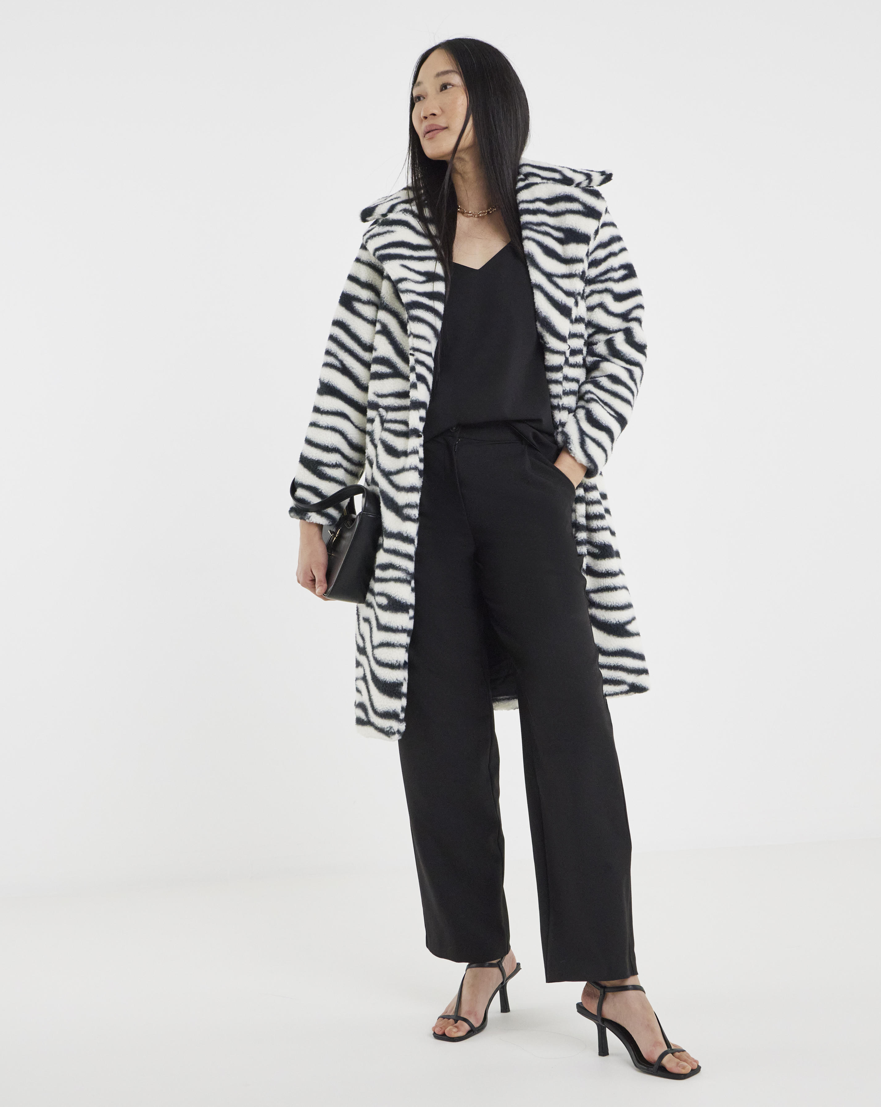 Longline Zebra Print Faux Fur Coat
