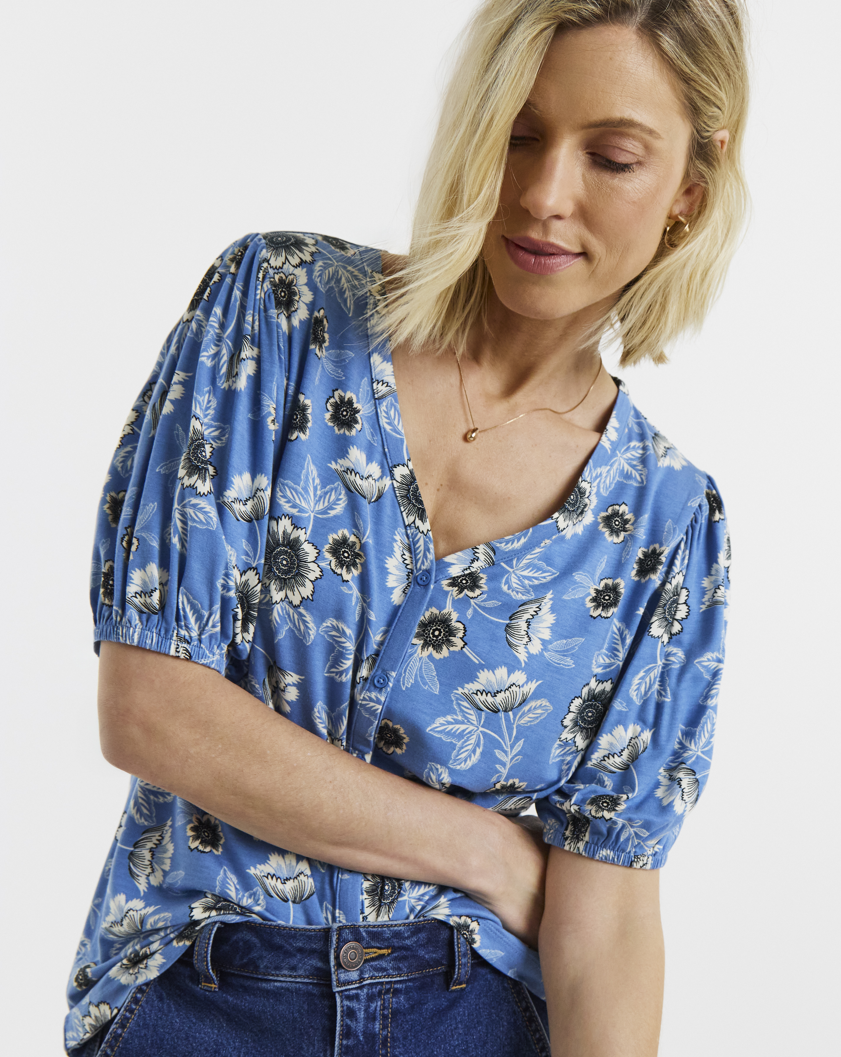 Blue Floral Button Front Short Sleeve Top