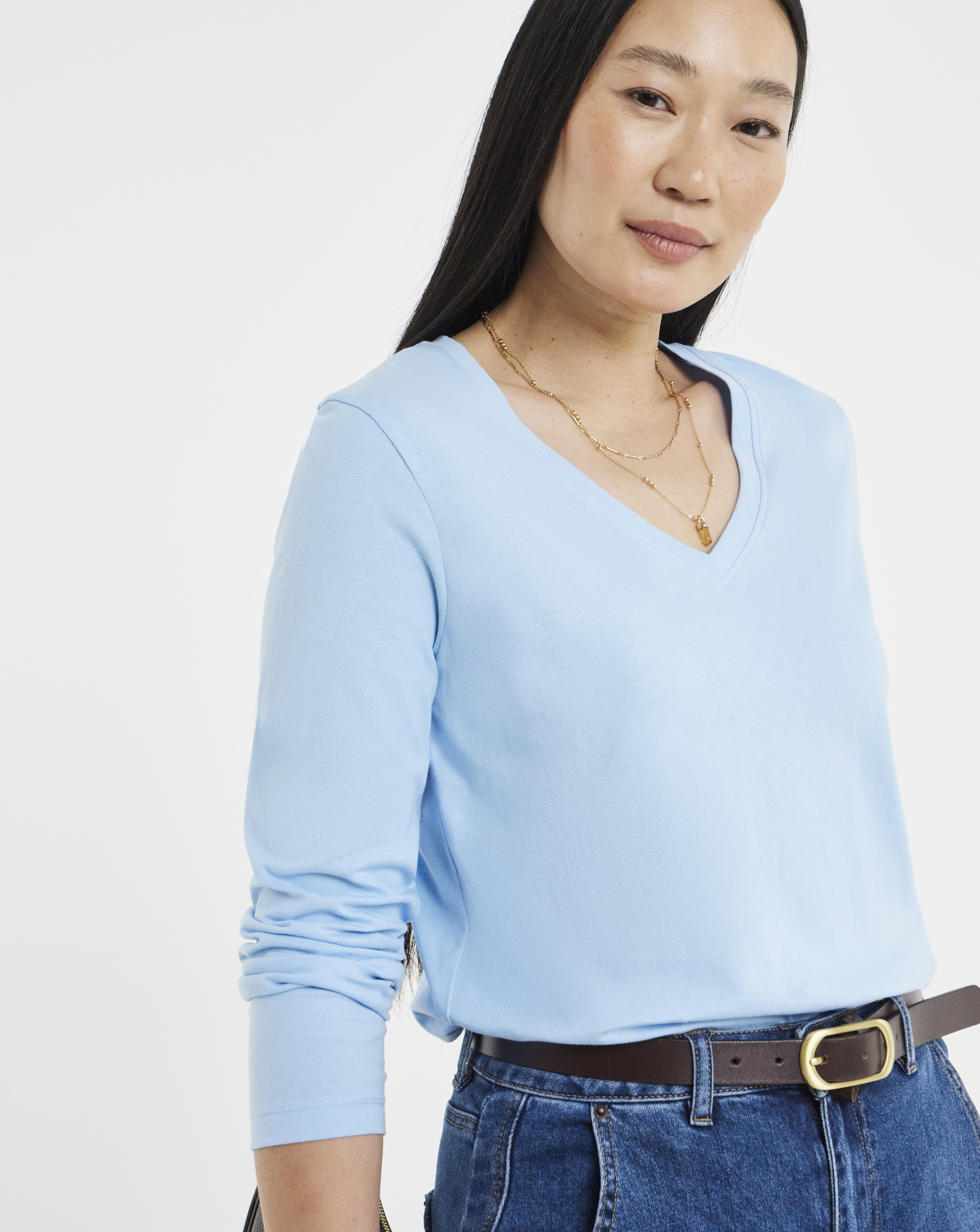 Pale Blue V-Neck Long Sleeve T-Shirt