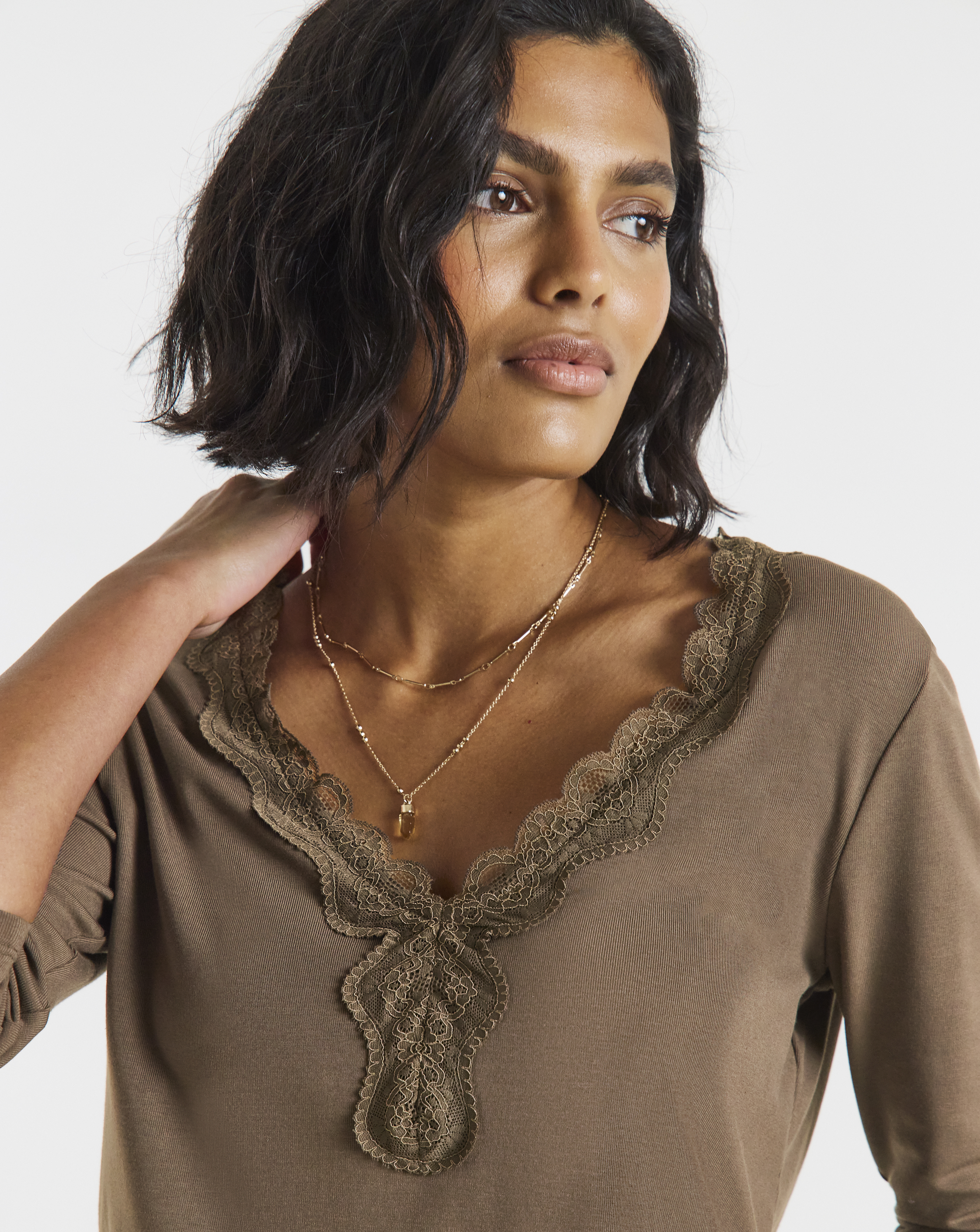 Simply Be Chocolate Cosy Lace V Neck Long Sleeve Top