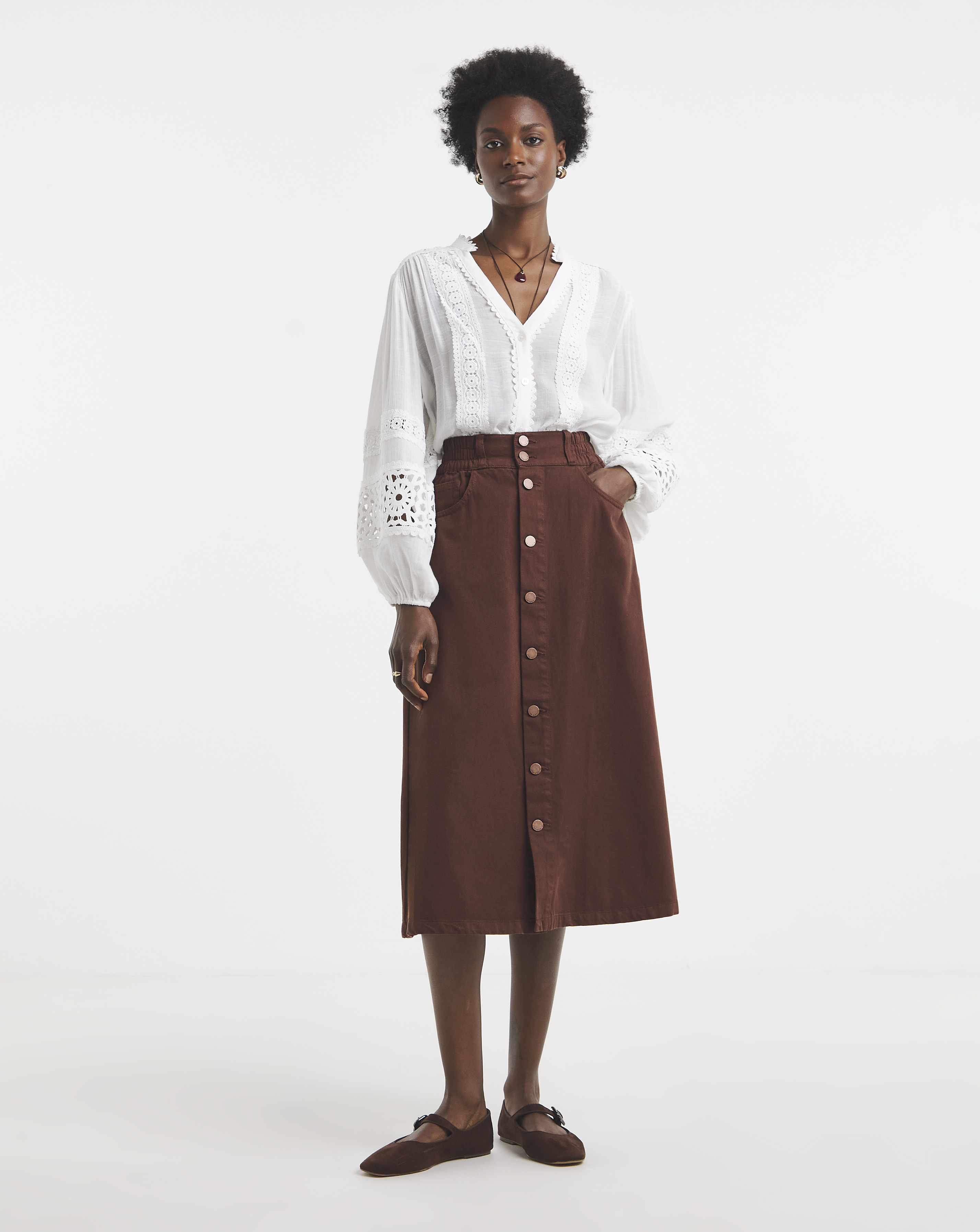 New In - Rust Elasticated Waist Button Down Skirt