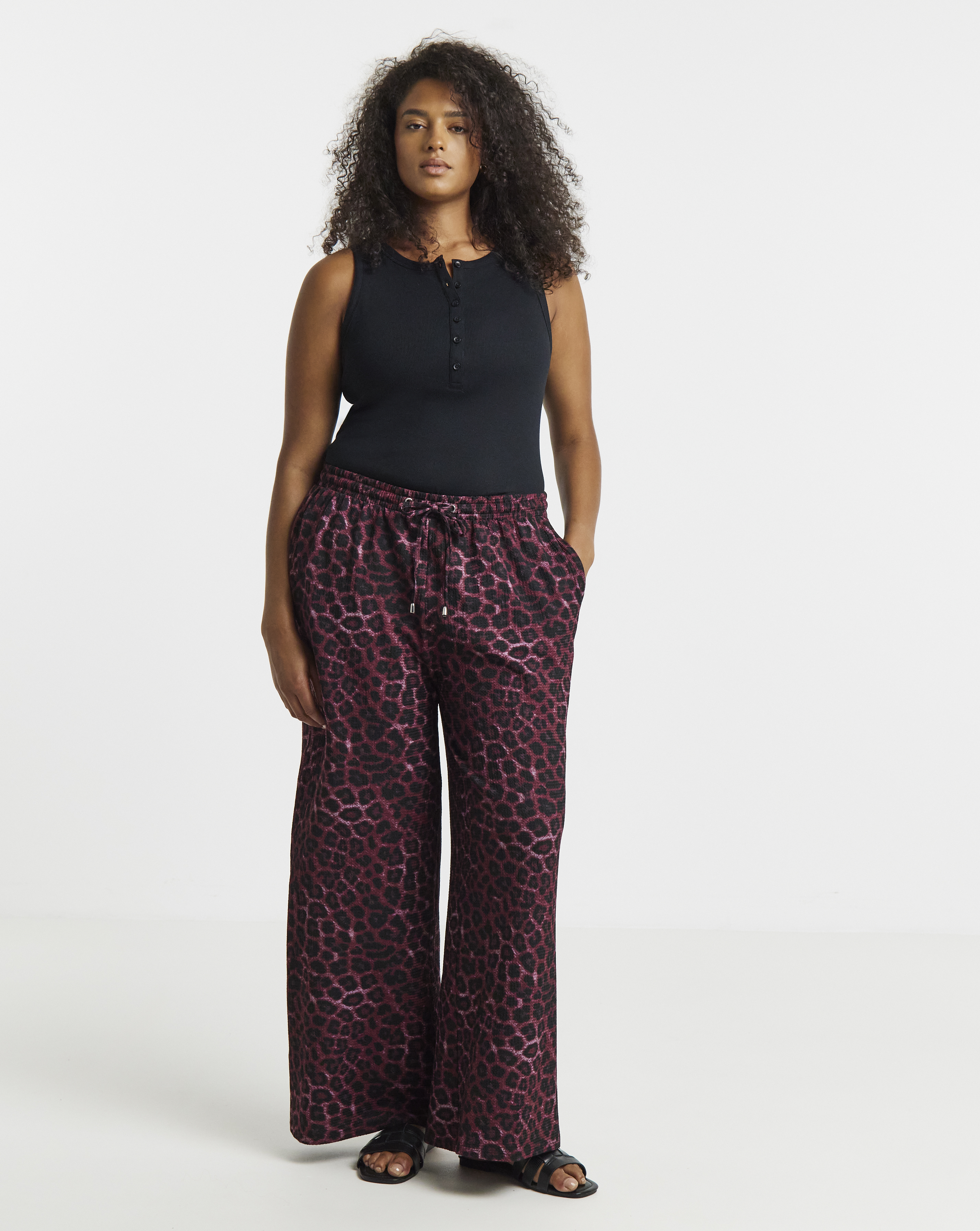 Simply Be Burgundy Leopard Textured Waffle Wide Leg Trouser