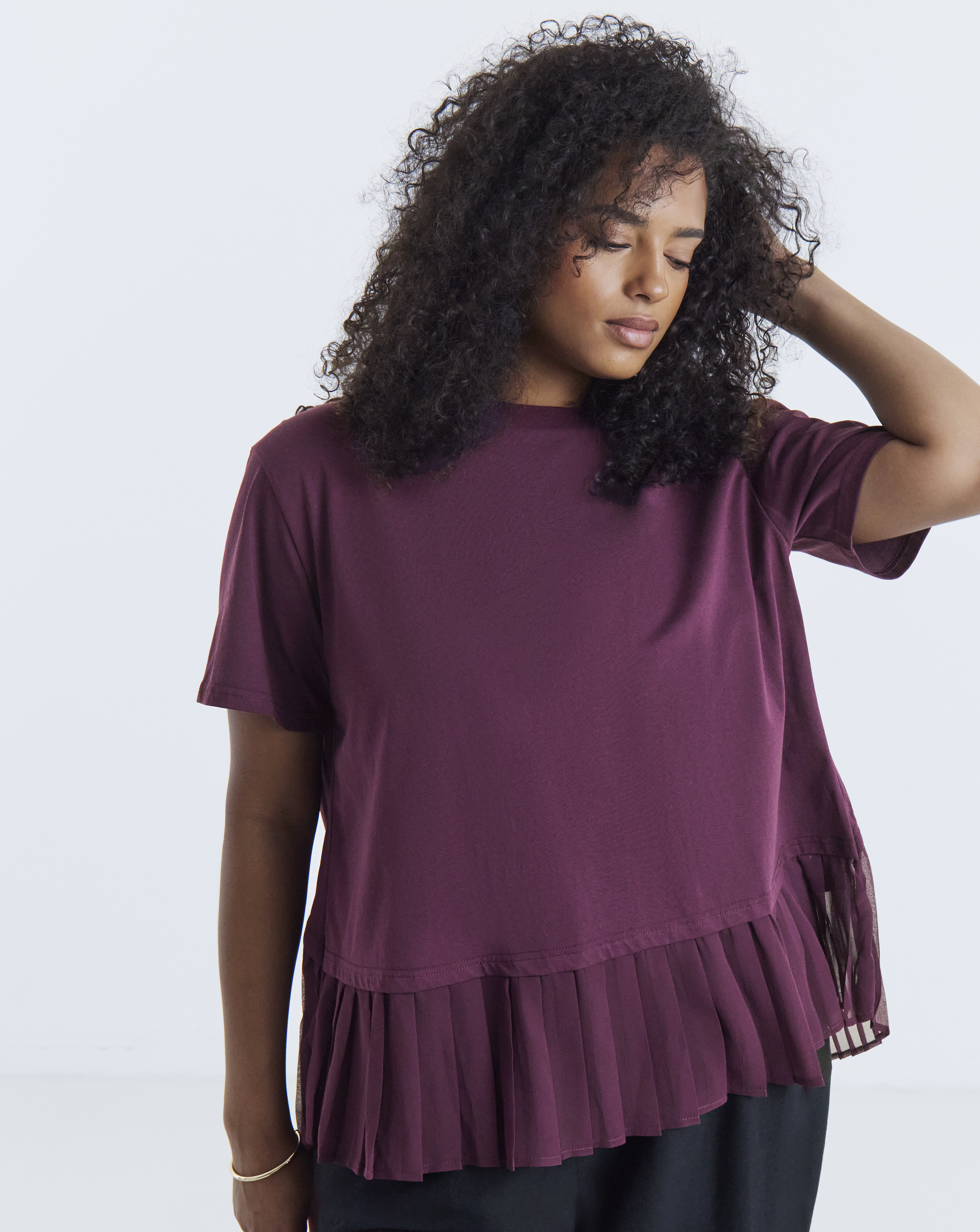 Simply Be Mulberry Tee With Woven Pleated Back