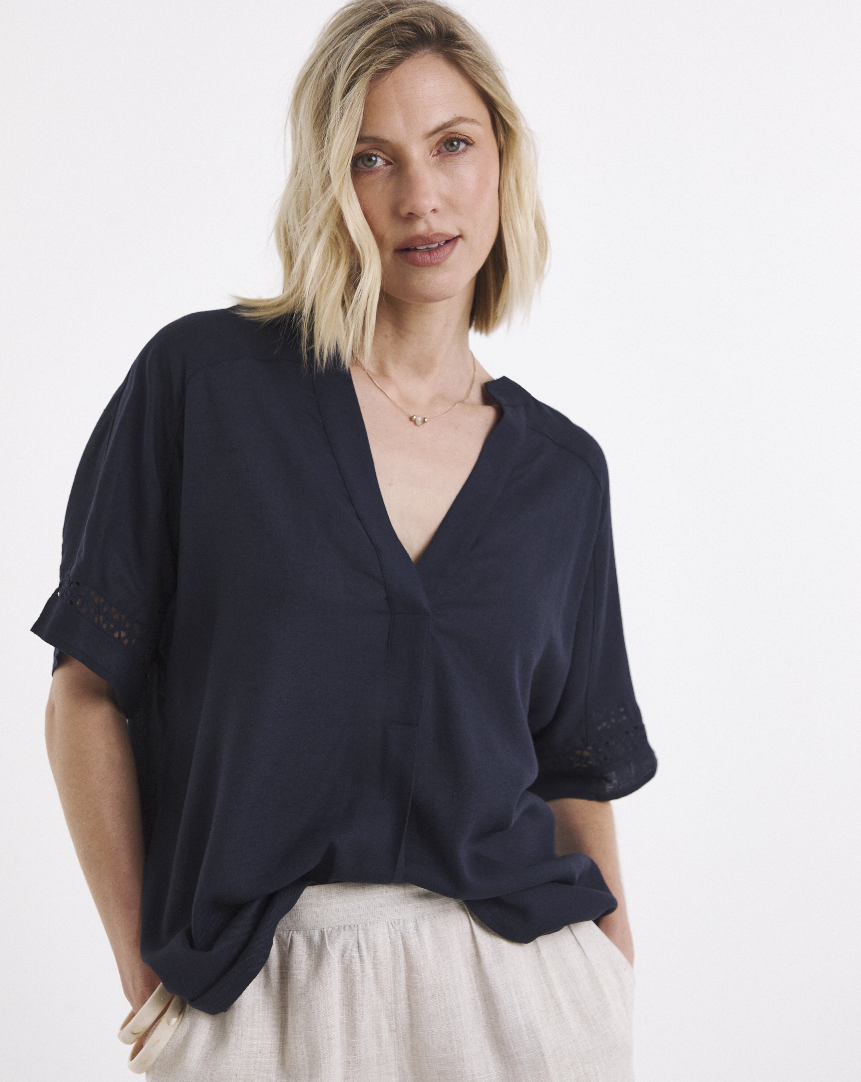 Crochet Trim Linen Mix Tunic Top