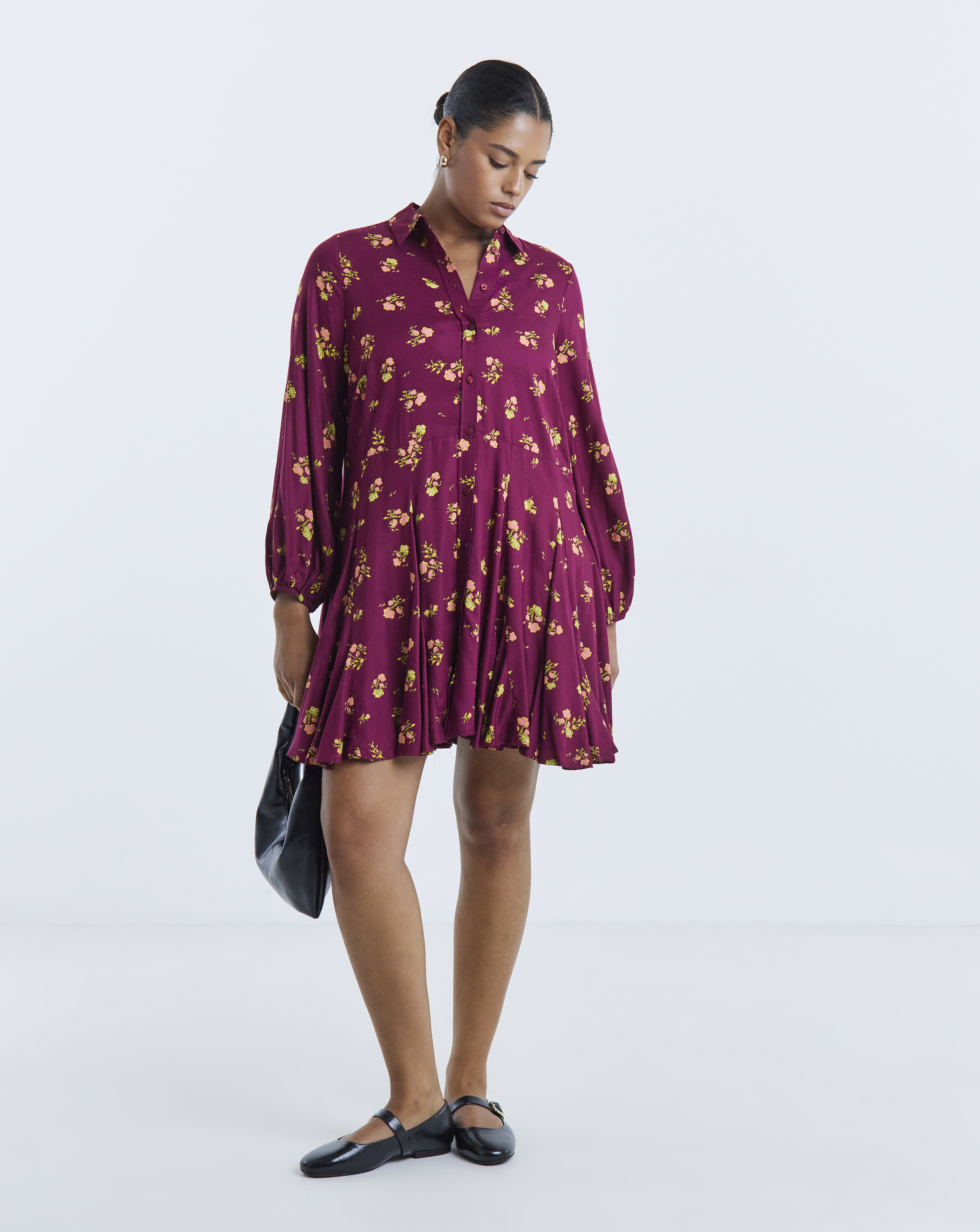 Simply Be Ditsy Print Long Sleeve Godet Shirt Dress