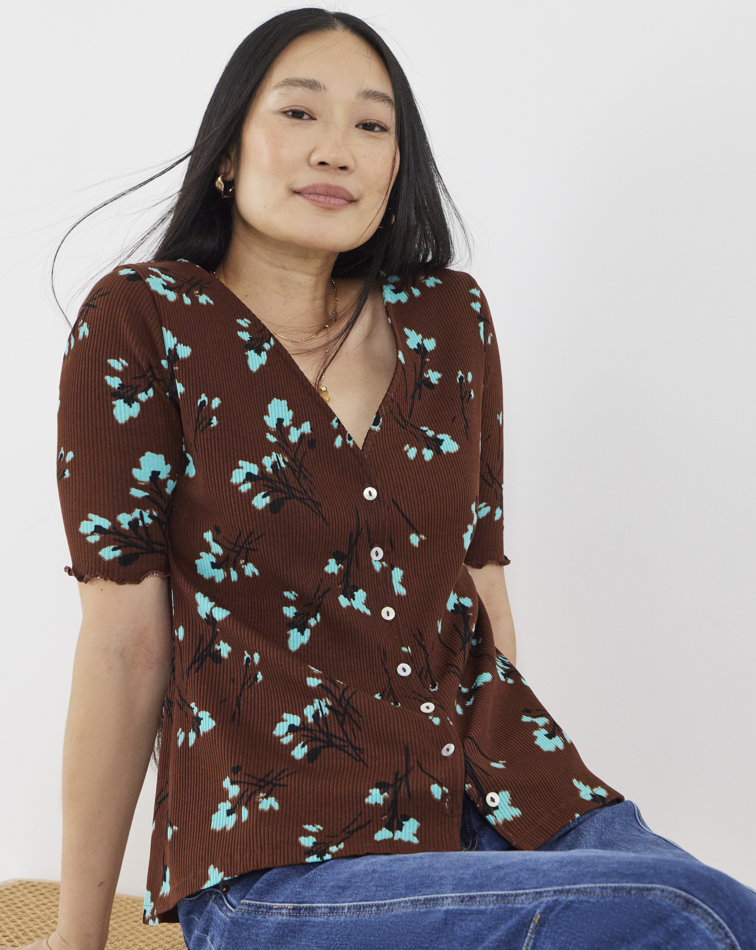 Chocolate Floral Print Short Sleeve Rib Cardigan