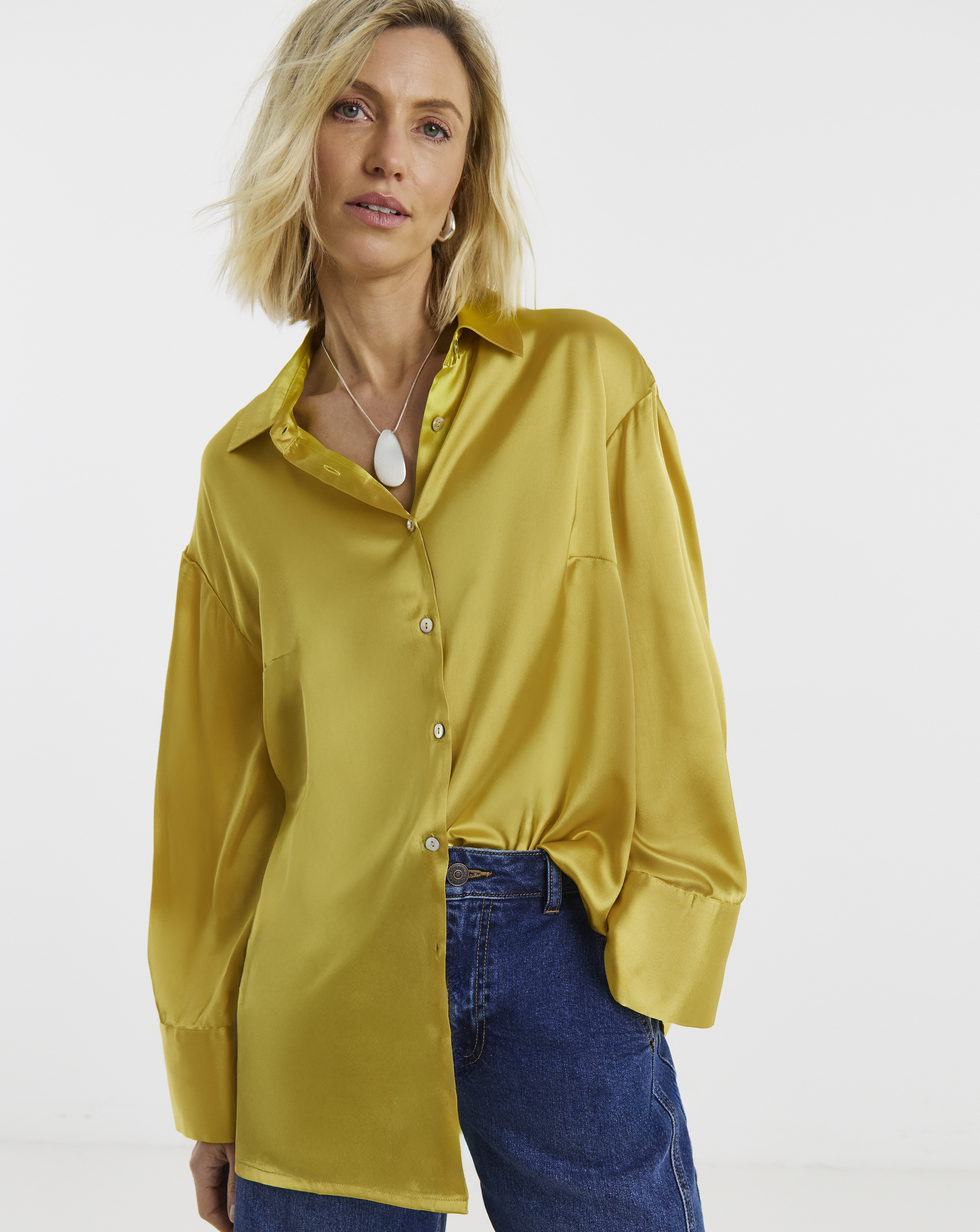 New In - Chartreuse Satin Shirt
