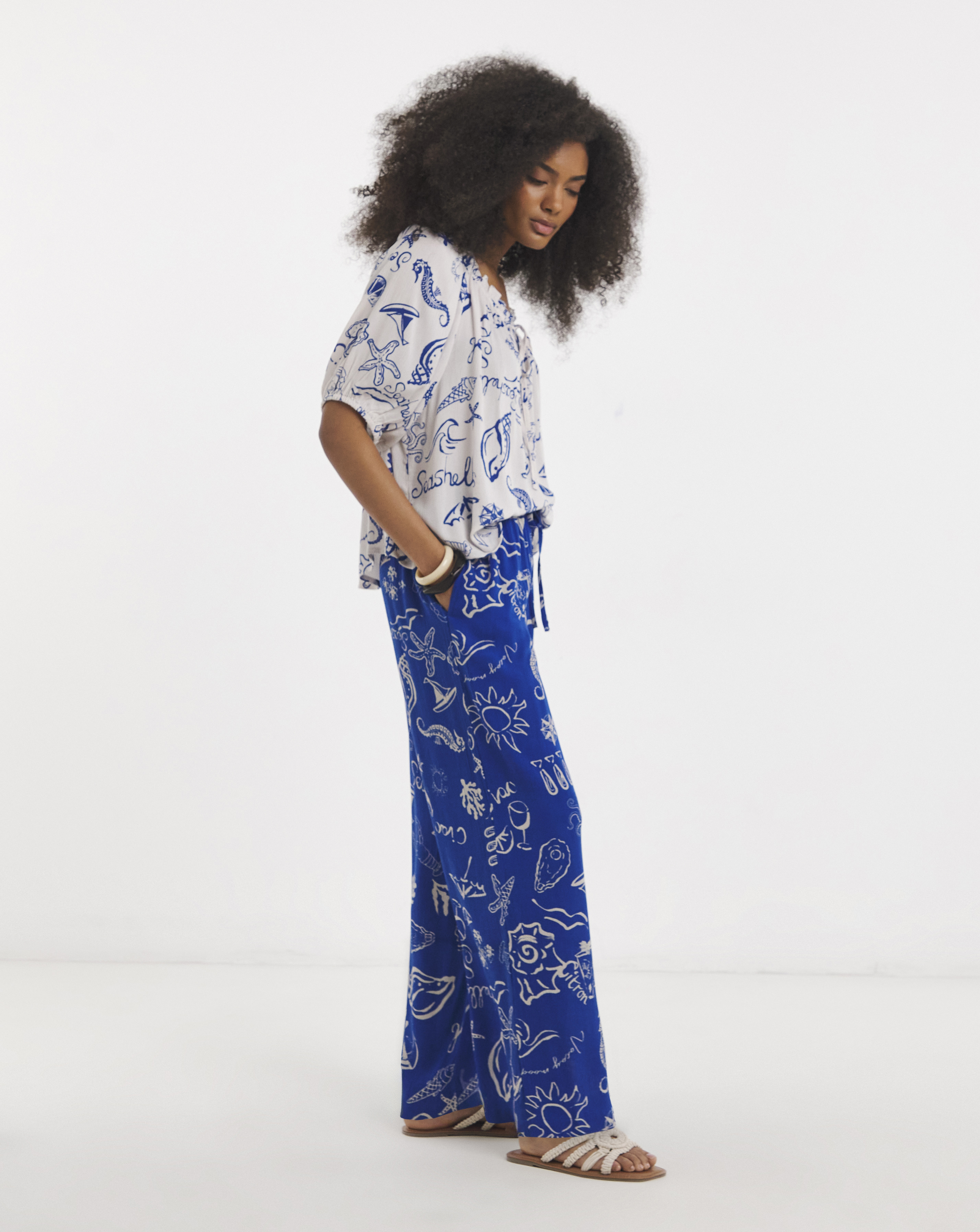 New In - Shell Print Wide Leg Crinkle Trouser
