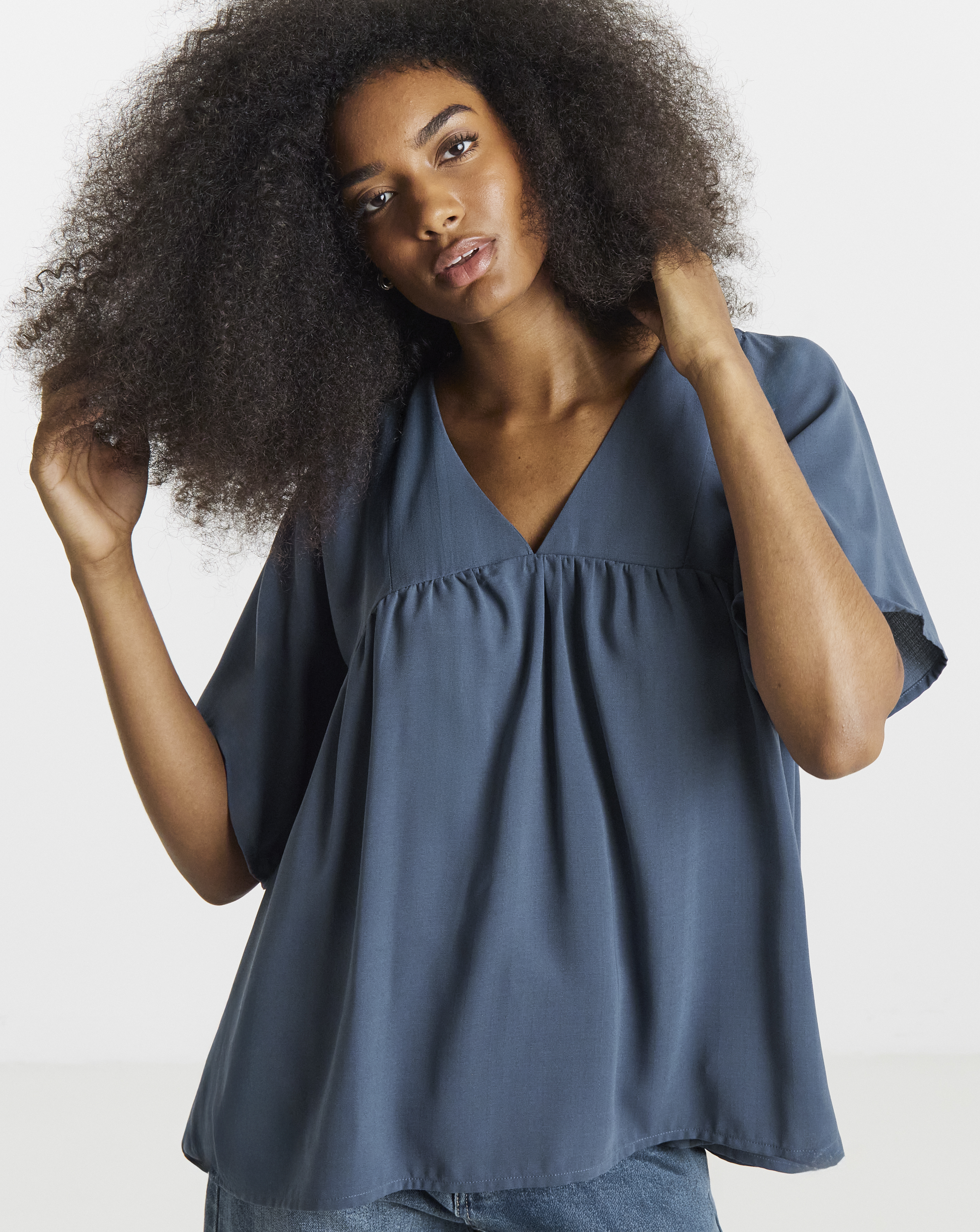 Petrol Blue V Neck Smock Top