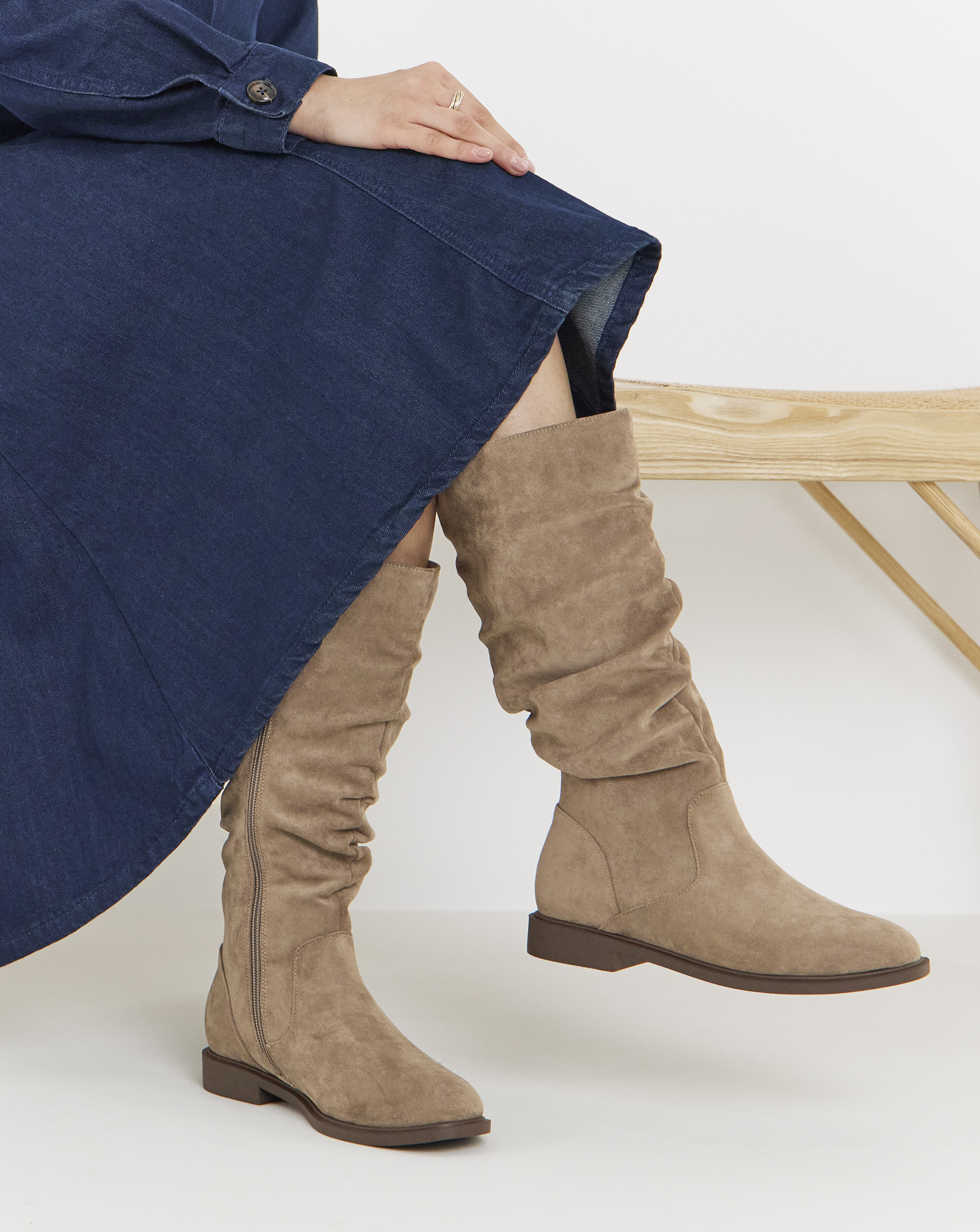 Pebble Knee High Ruched Boots - Wide Fit (E) & Curvy Calf - Image