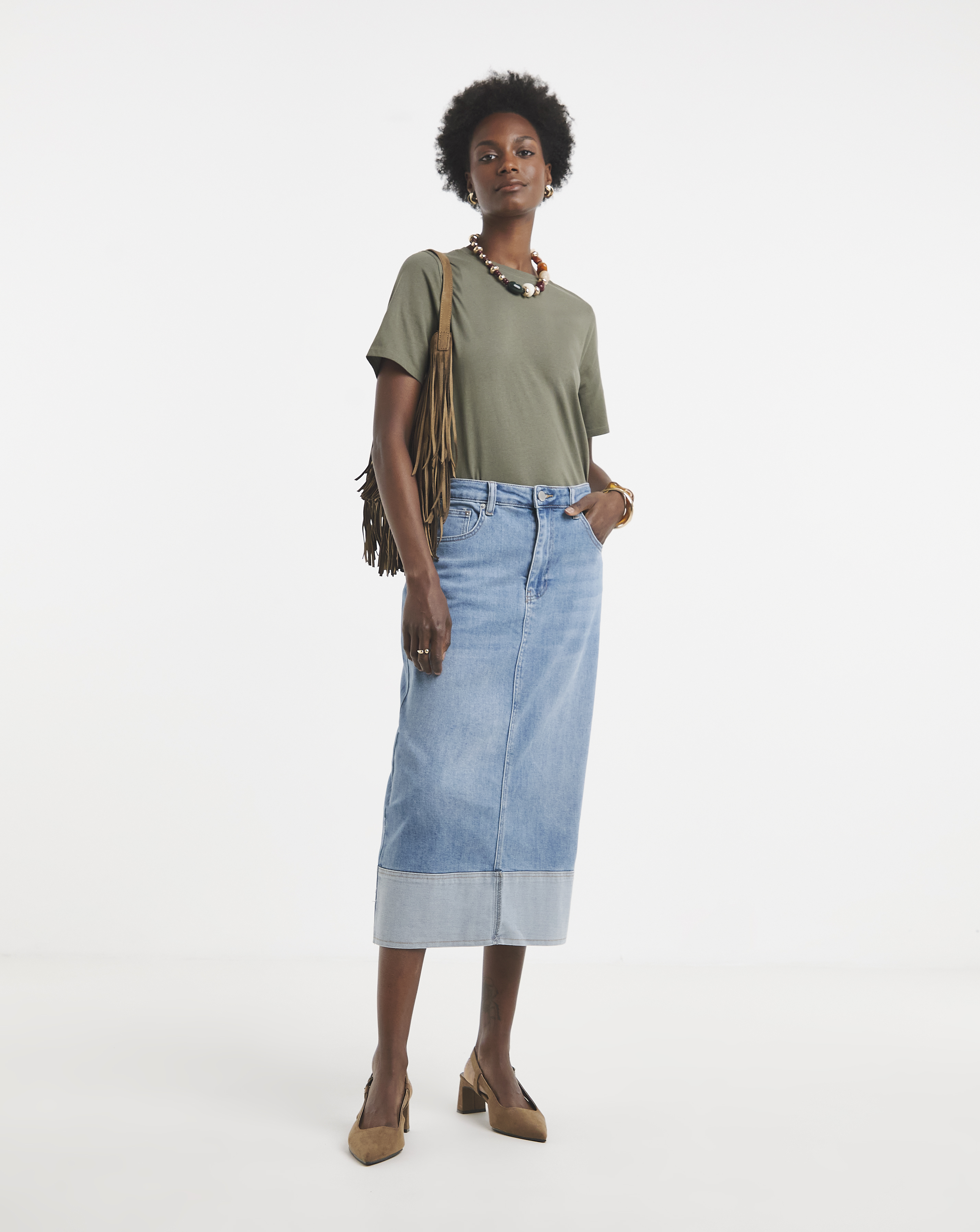 Light Blue Turn Up Midi Denim Skirt