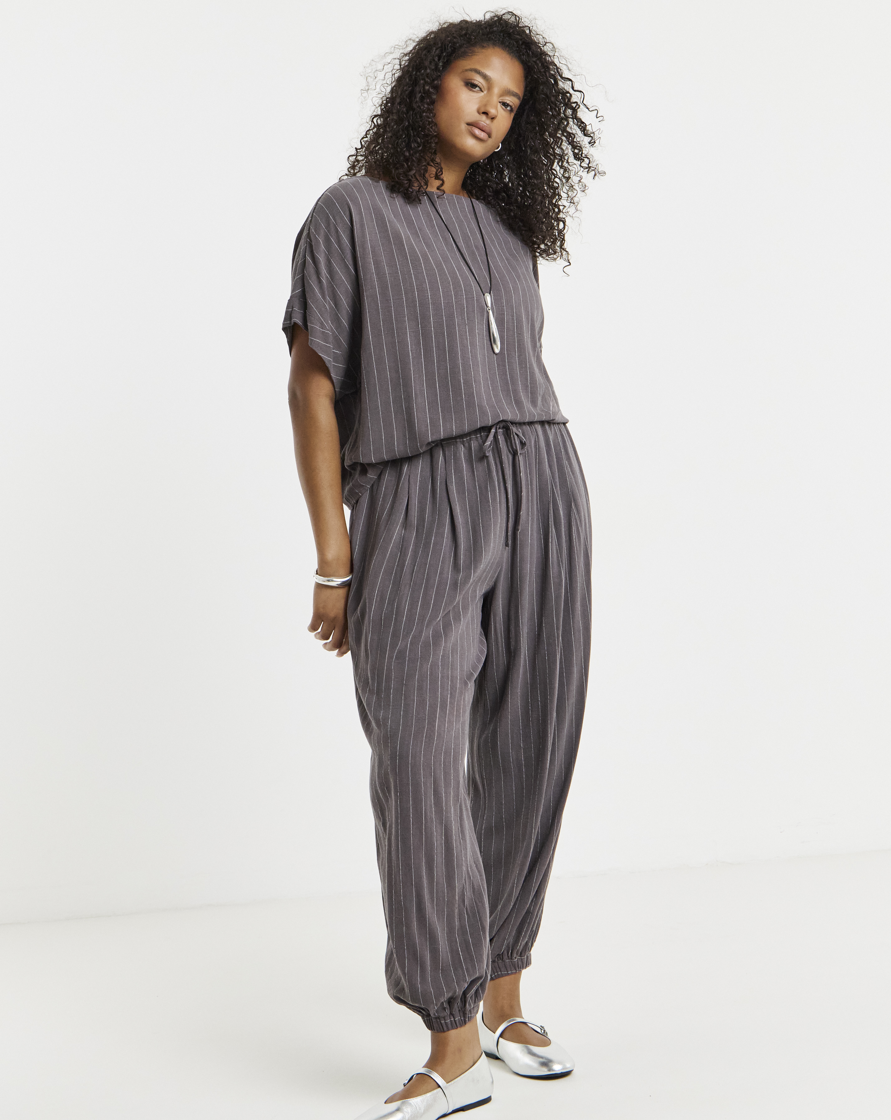 New In - Simply Be Grey Pinstripe Tie Waist Top