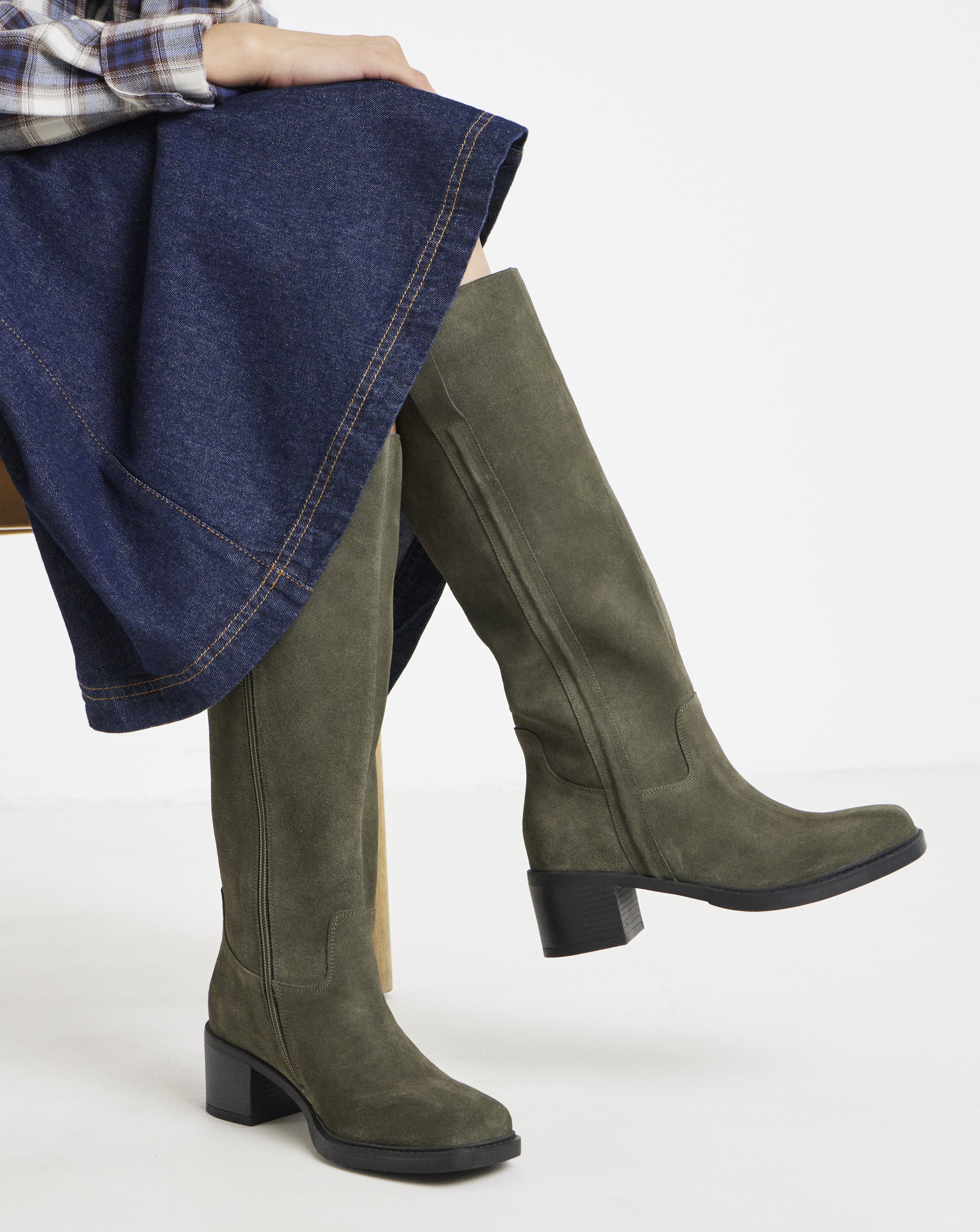 Suede Block Heel Knee High Boot Wide C C
