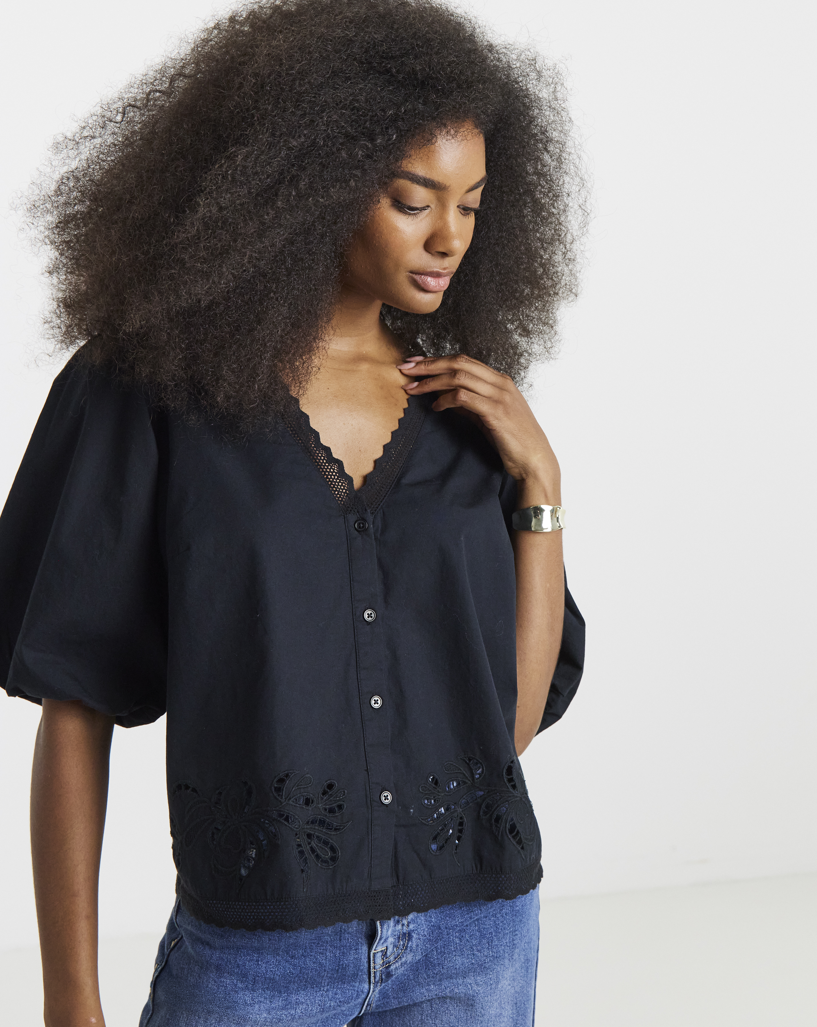 Black Broderie Cutwork Blouse