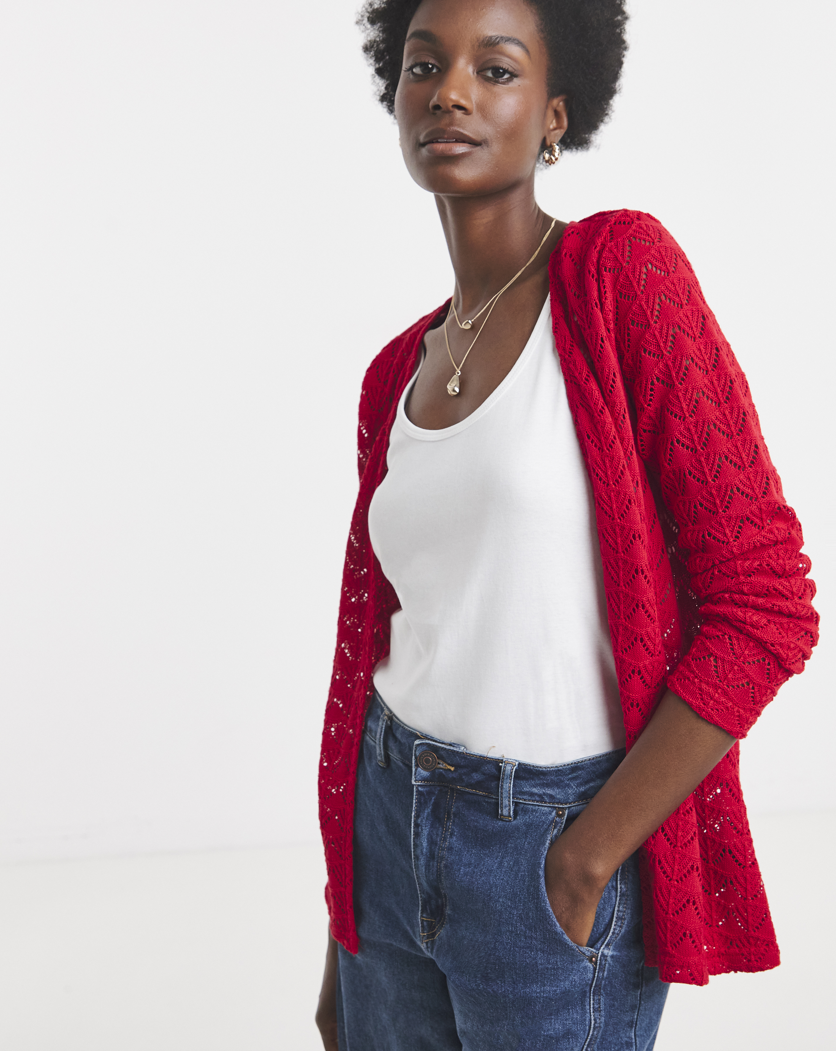 Red Crochet Button Through Cardigan
