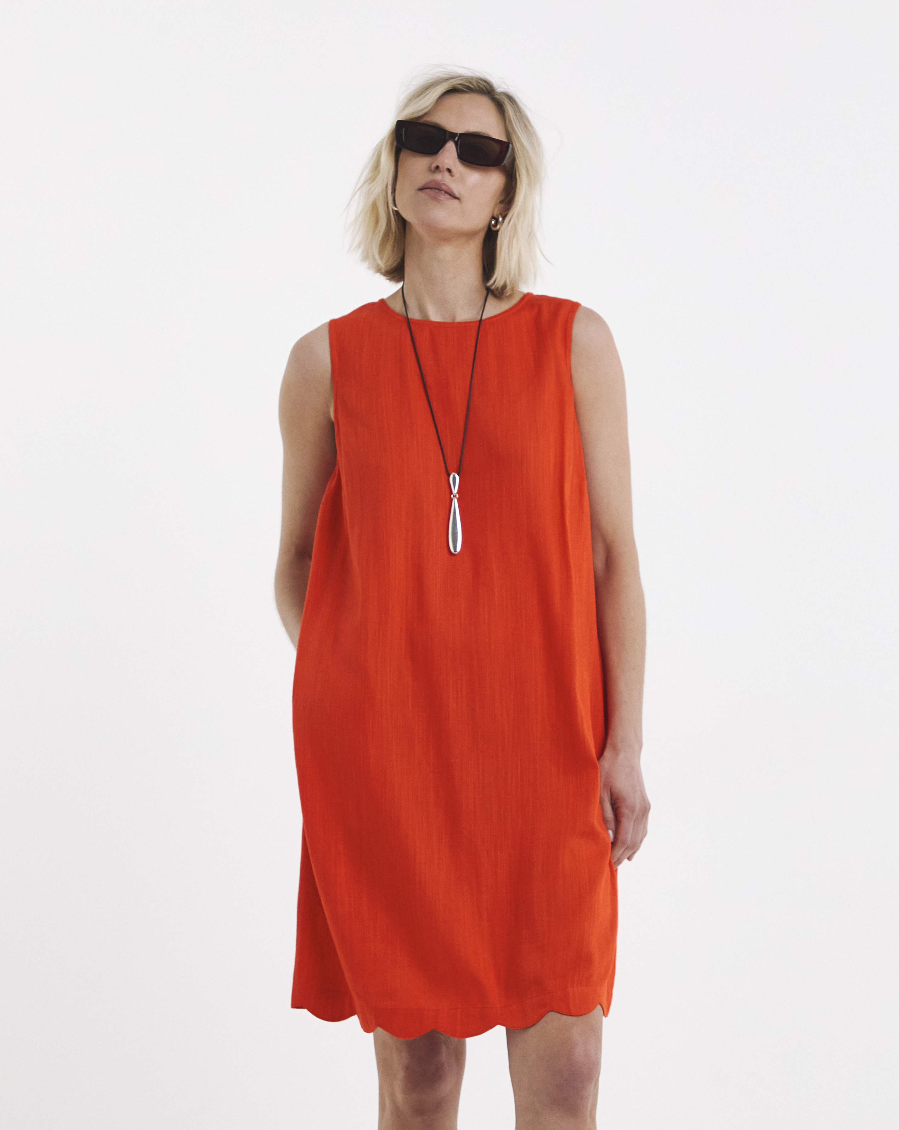 Linen Shift Dress with Scallop Hem