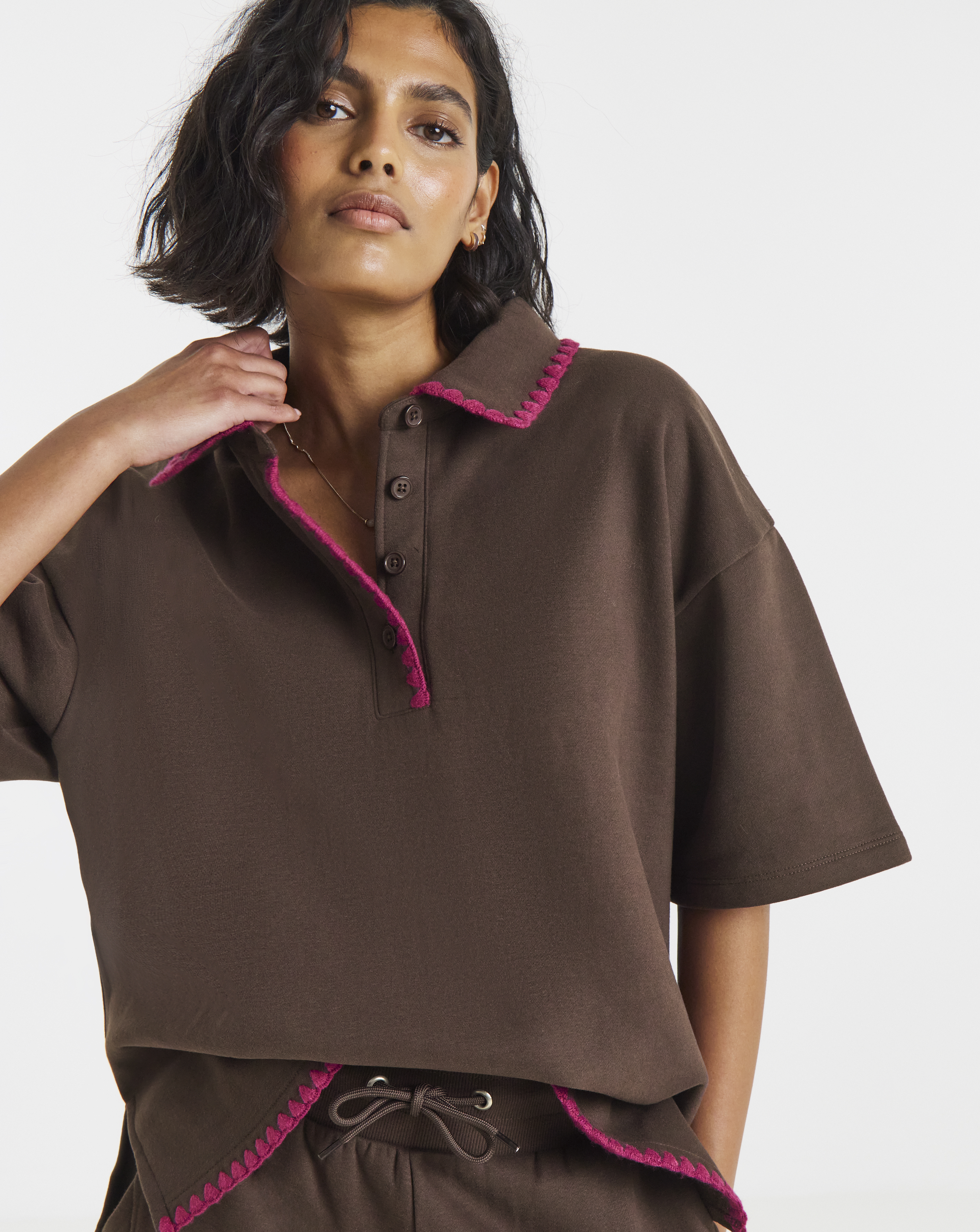 Simply Be Chocolate Whipstitch Short Sleeve Polo Sweatshirt