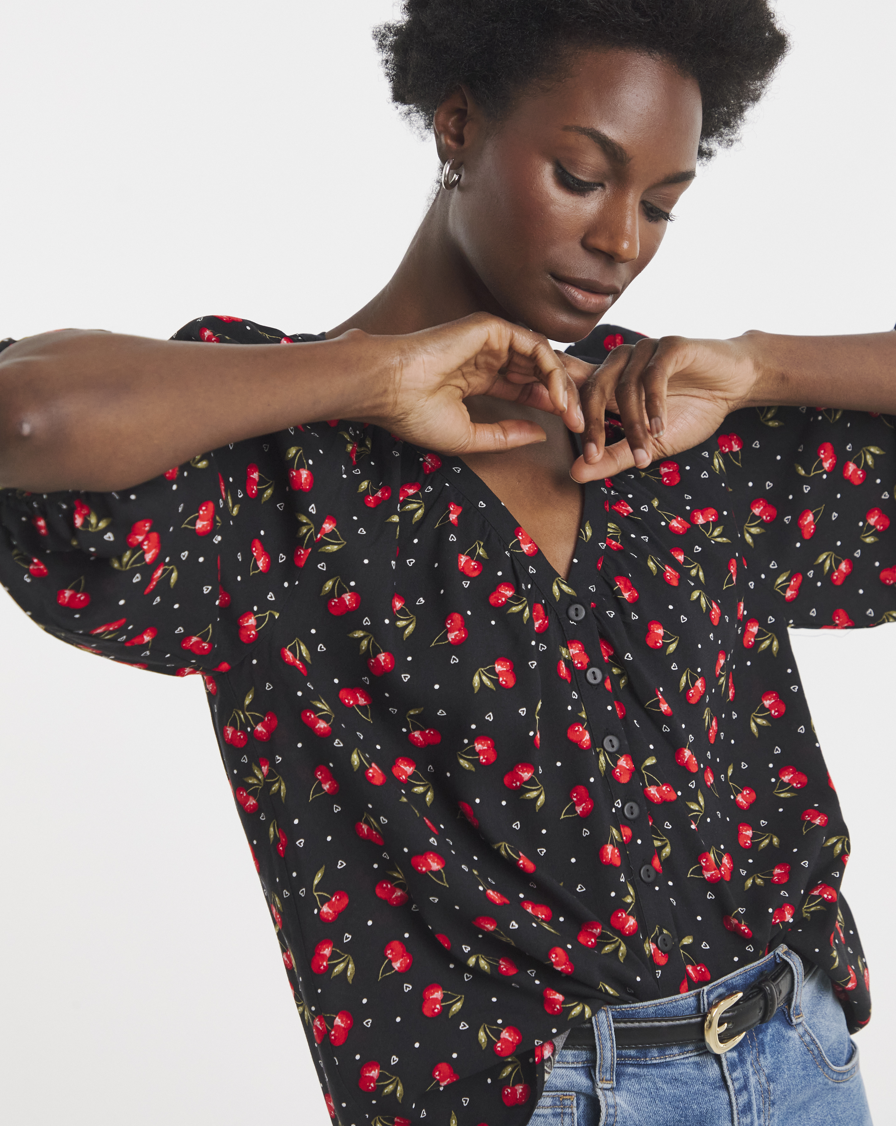 Cherry Print Collarless Blouse