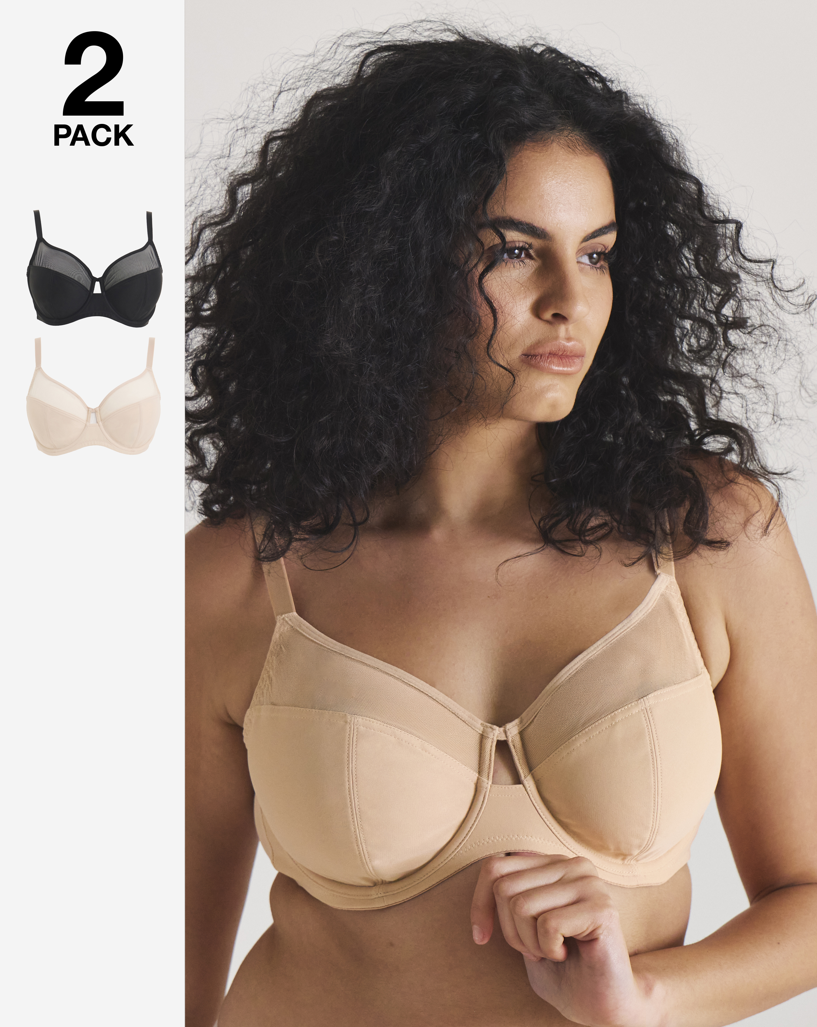 Pretty Secrets 2 Pack Mesh Minimiser Bras In Black/almond | UK Size 36D Women's