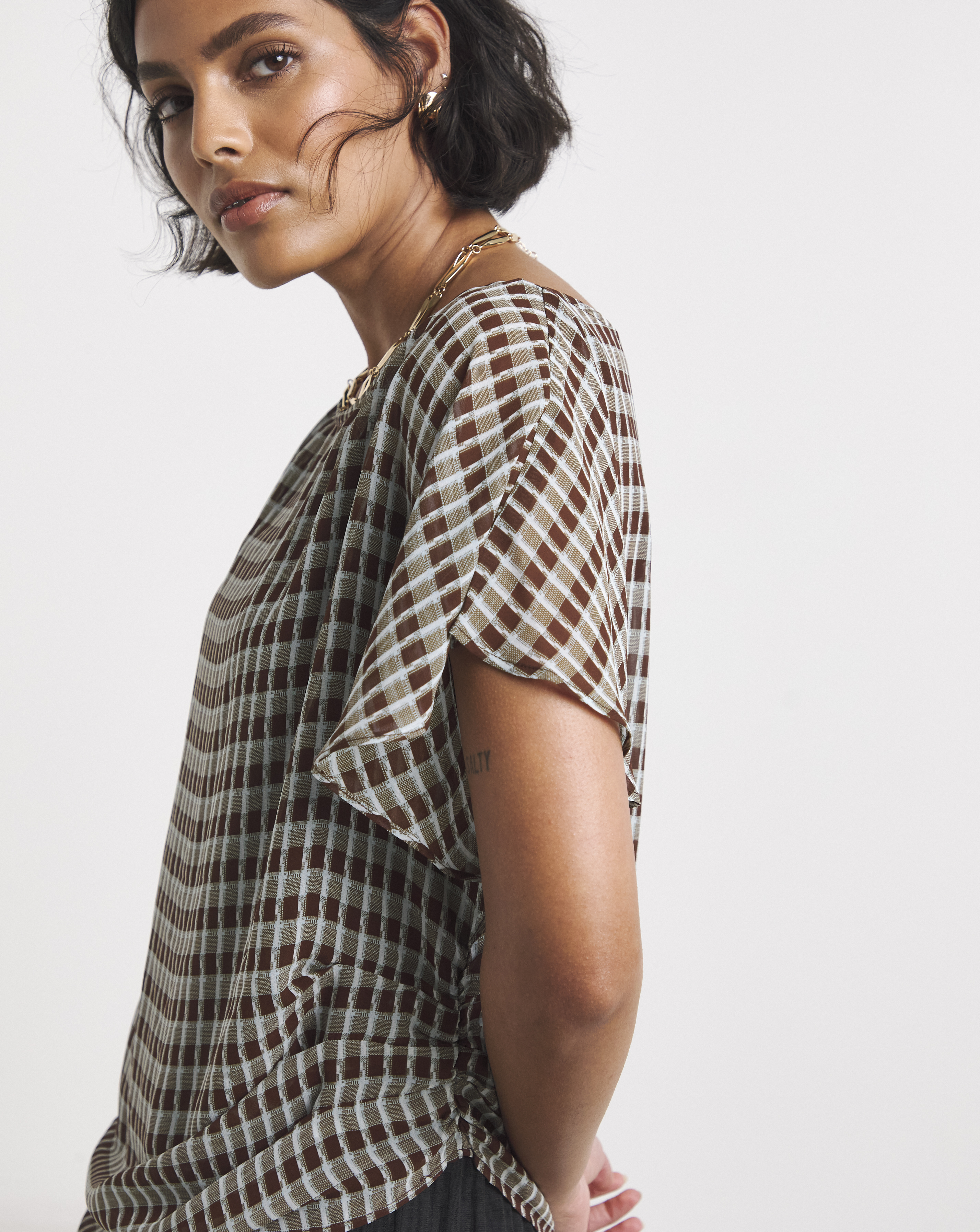 New In - Check Chiffon Draped Top