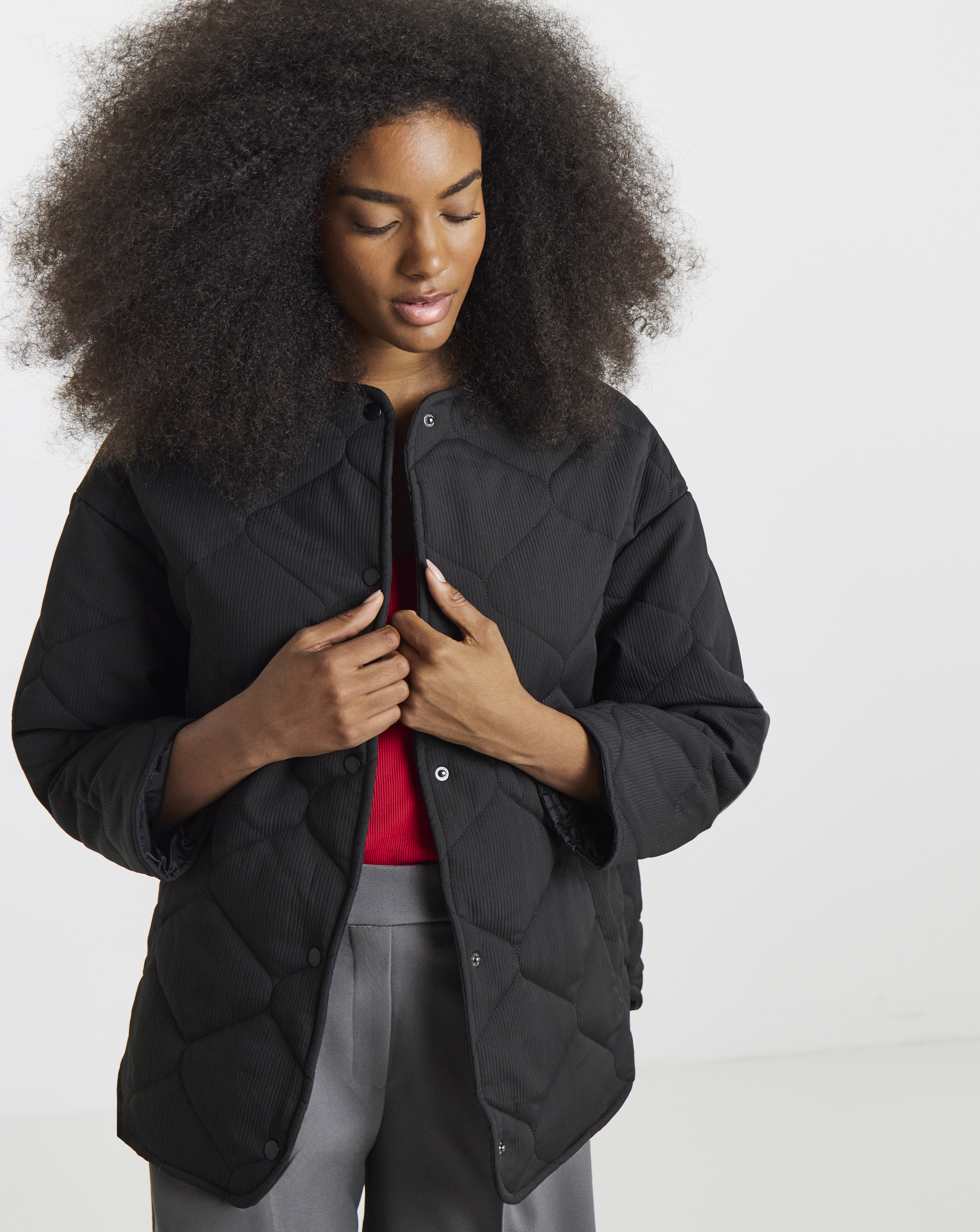 Black Quilted Round Collar Jacket