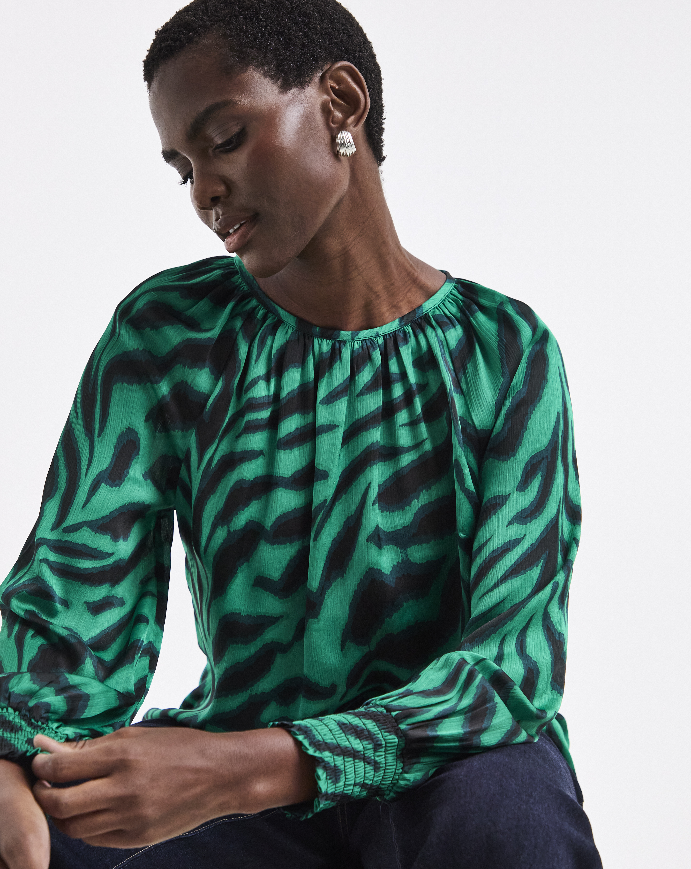 Green Animal Print Satin Raglan Blouse