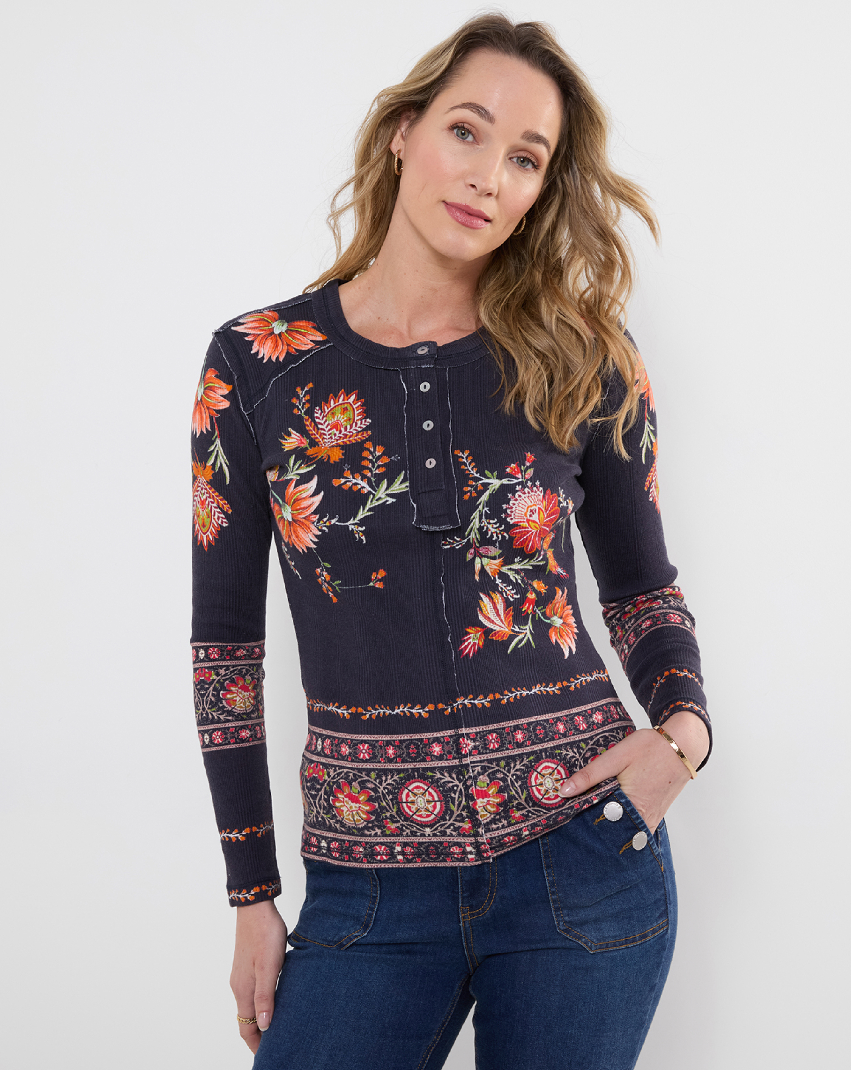 Joe Browns Printed Ribbed Henley Top