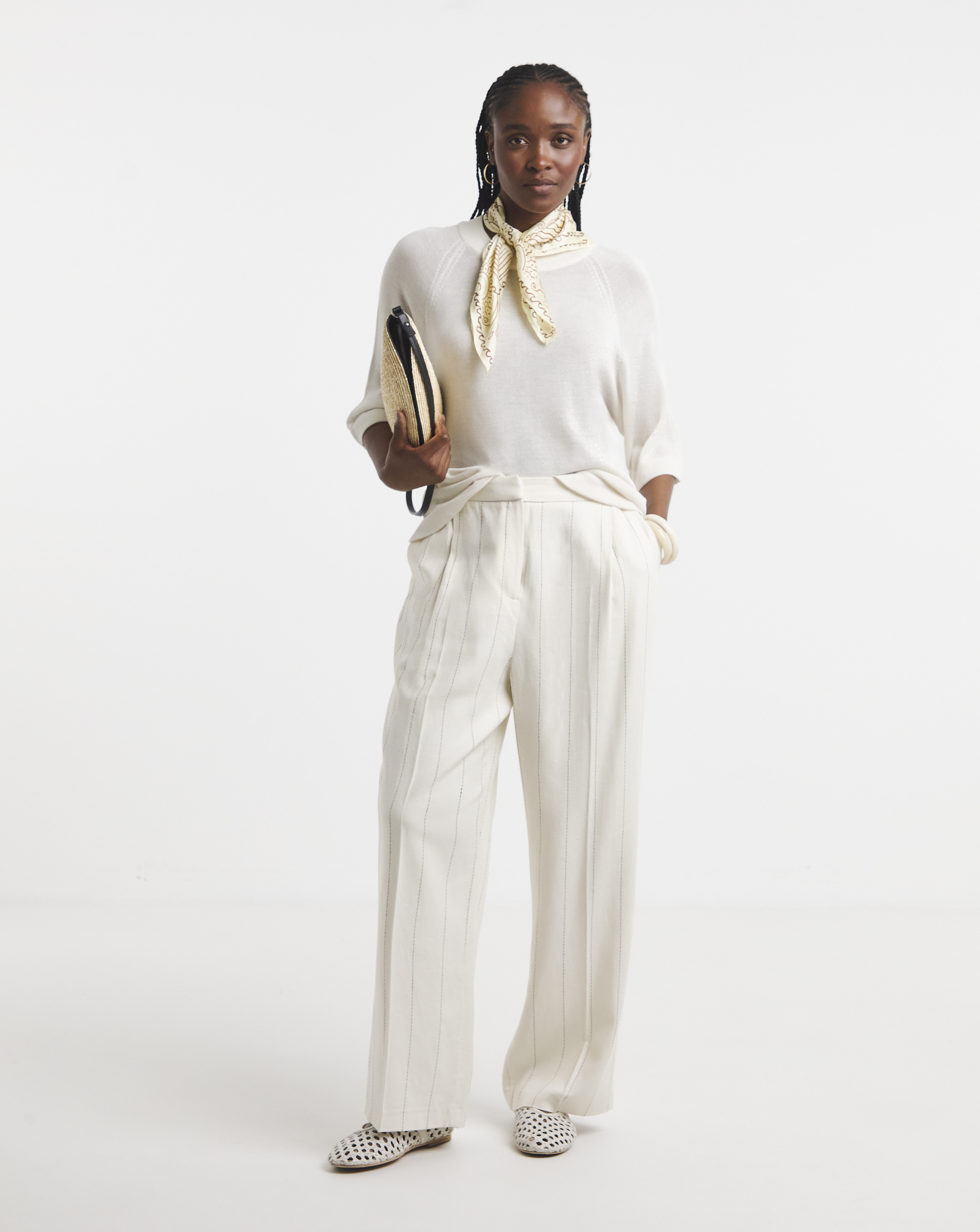 Pinstripe Linen Blend Wide Leg Trouser