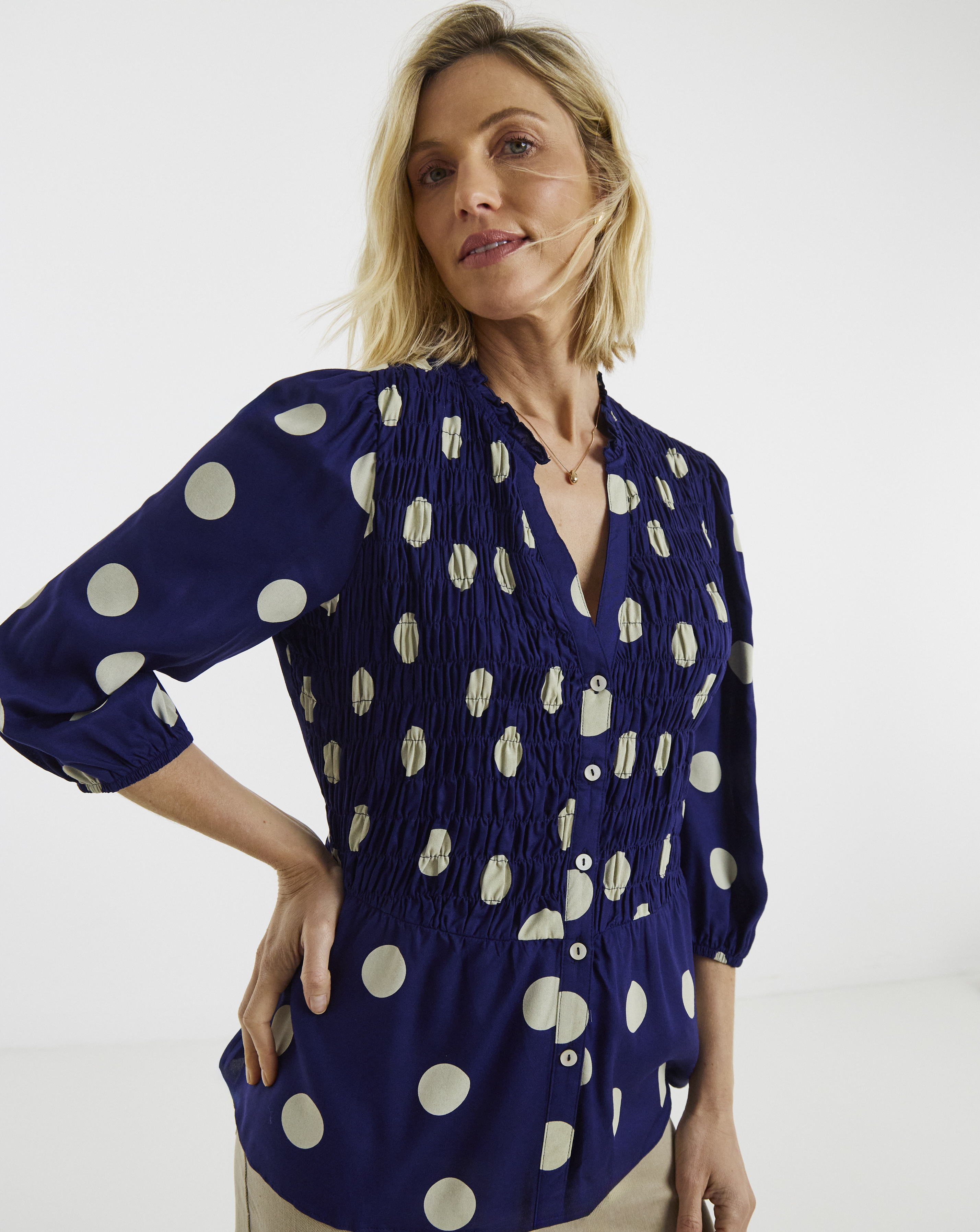 New In - Ivory Spot Shirred Button Through Top