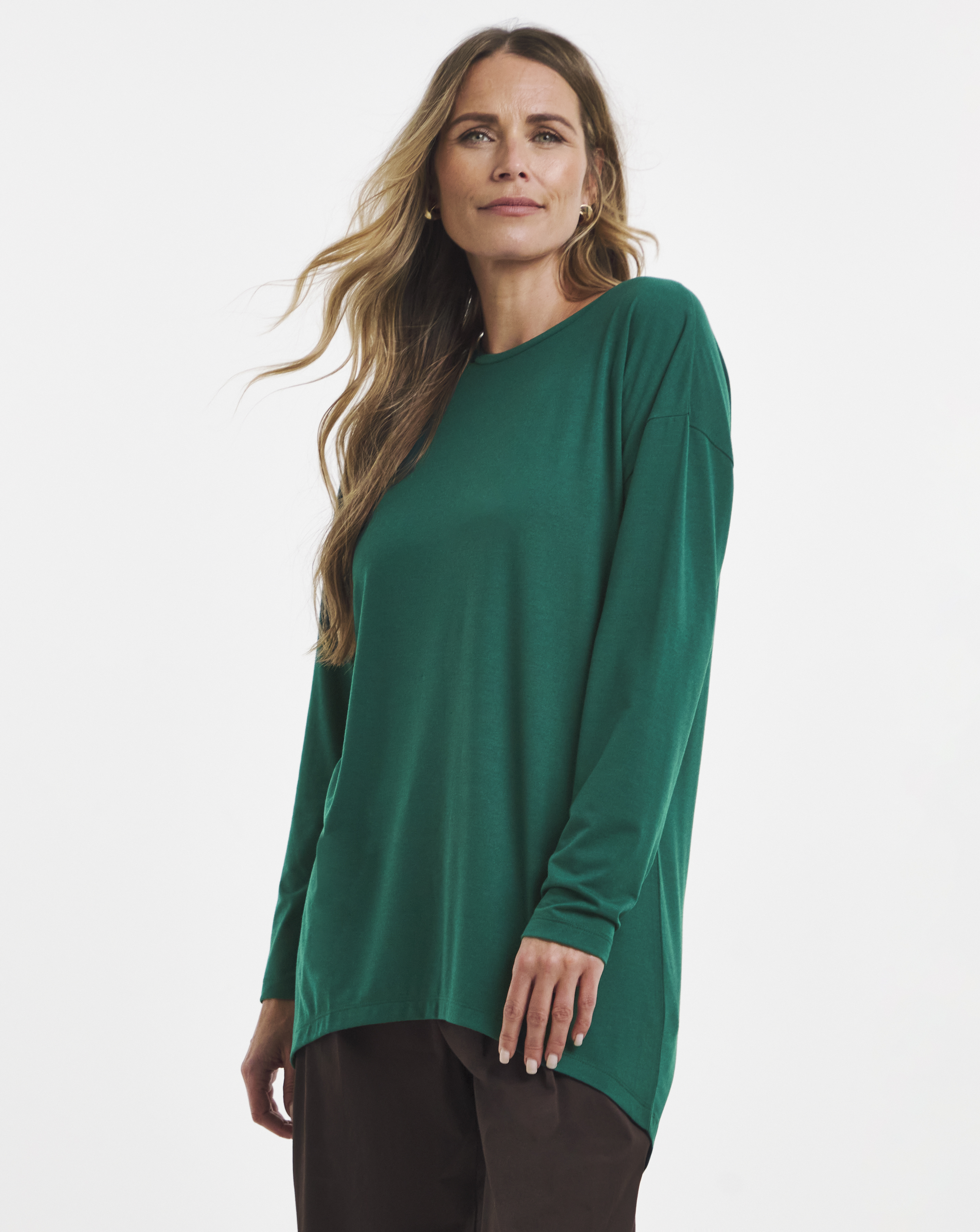 Pine Green Crew Neck Long Sleeve Dipped Back Top