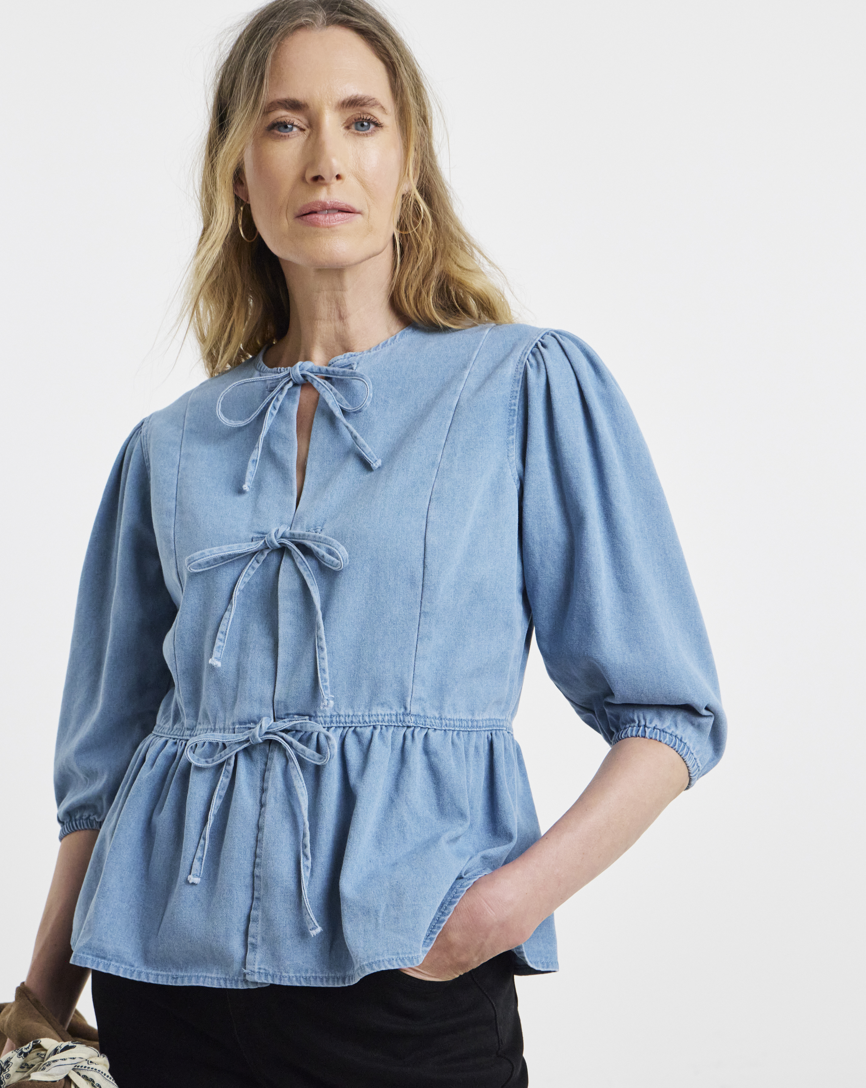 Light blue Peplum Puff Sleeve Top