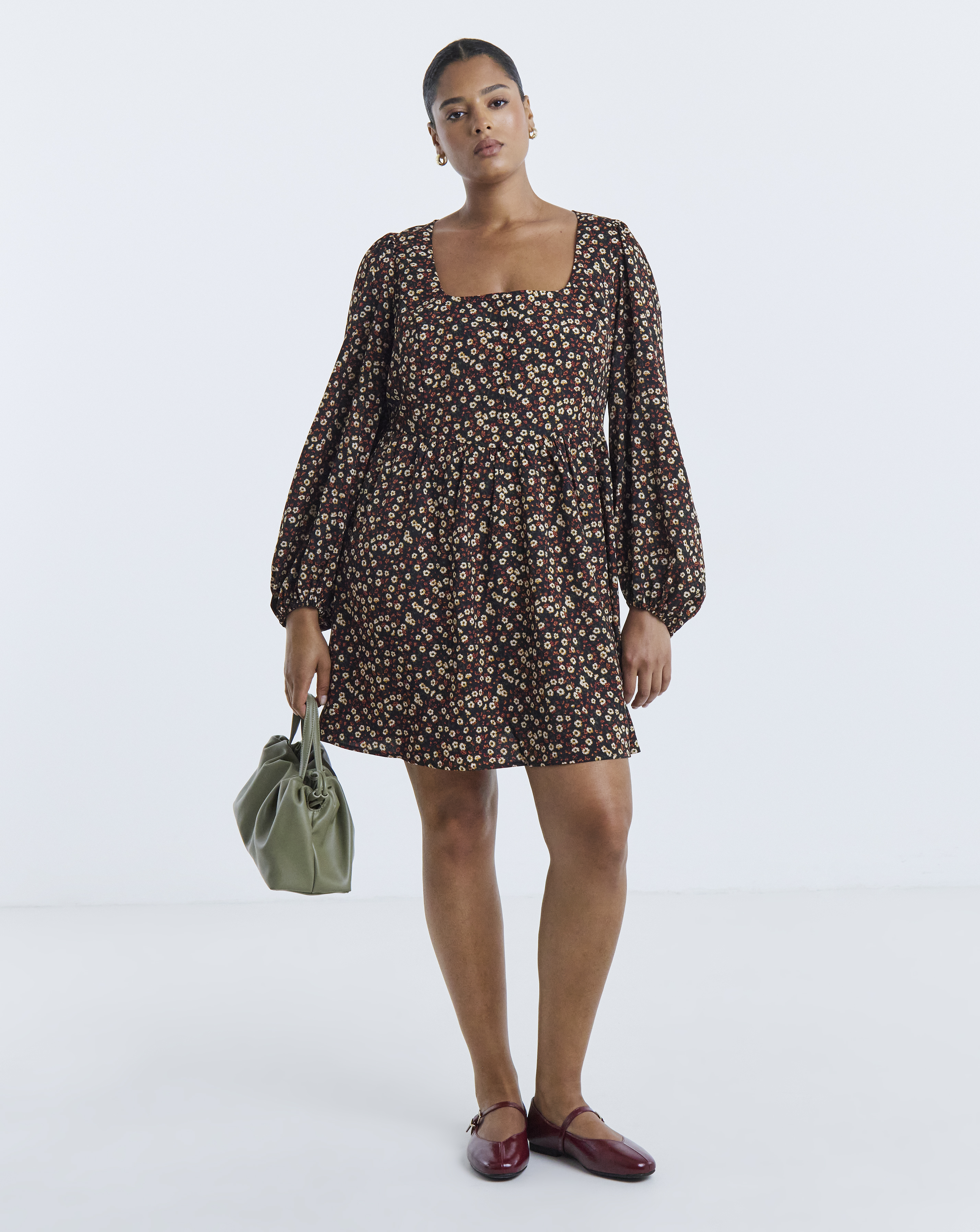 Simply Be Floral Print Long Sleeve Historic Detail Skater Dress