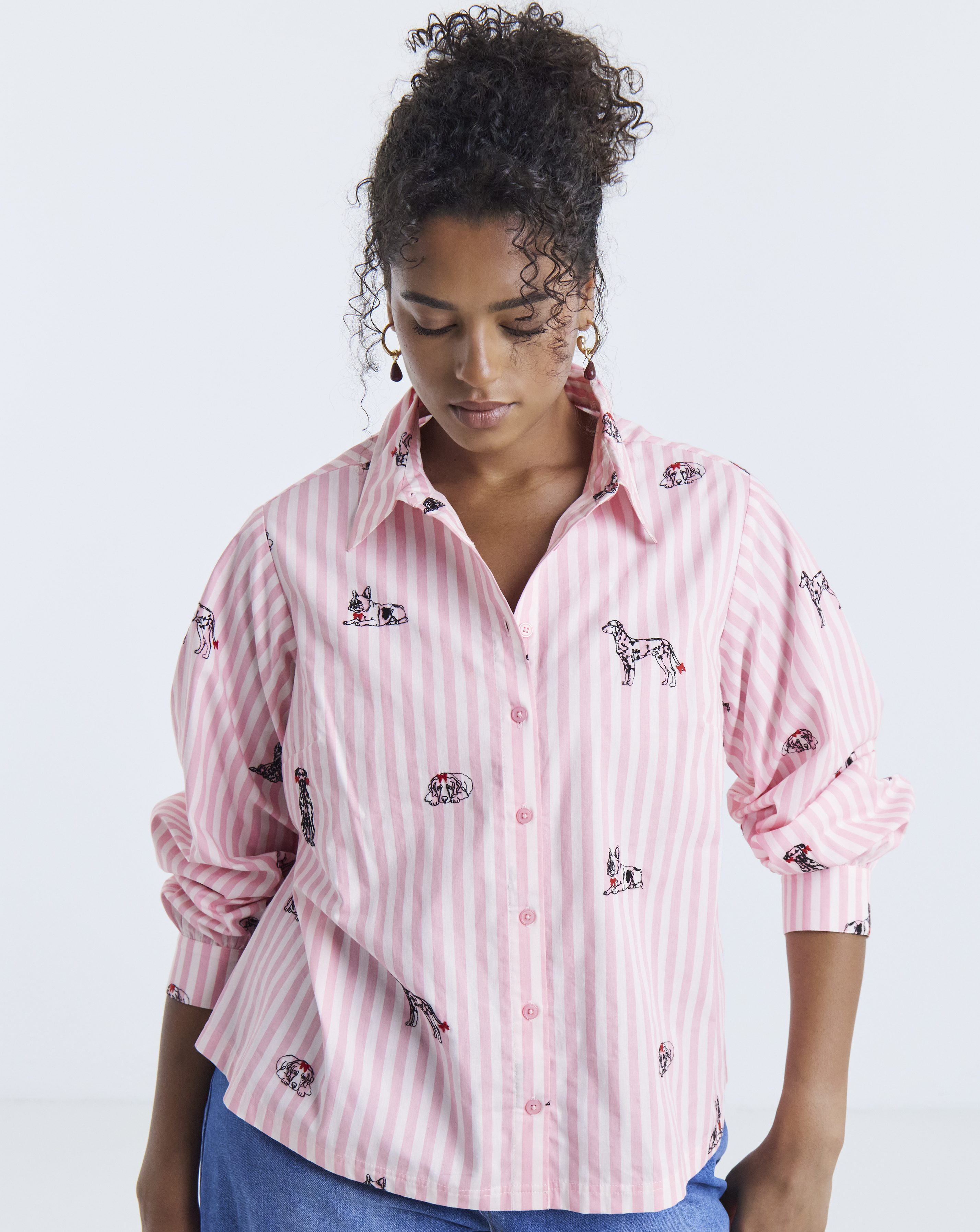 Simply Be Pink Stripe Dog Embroidery Shirt