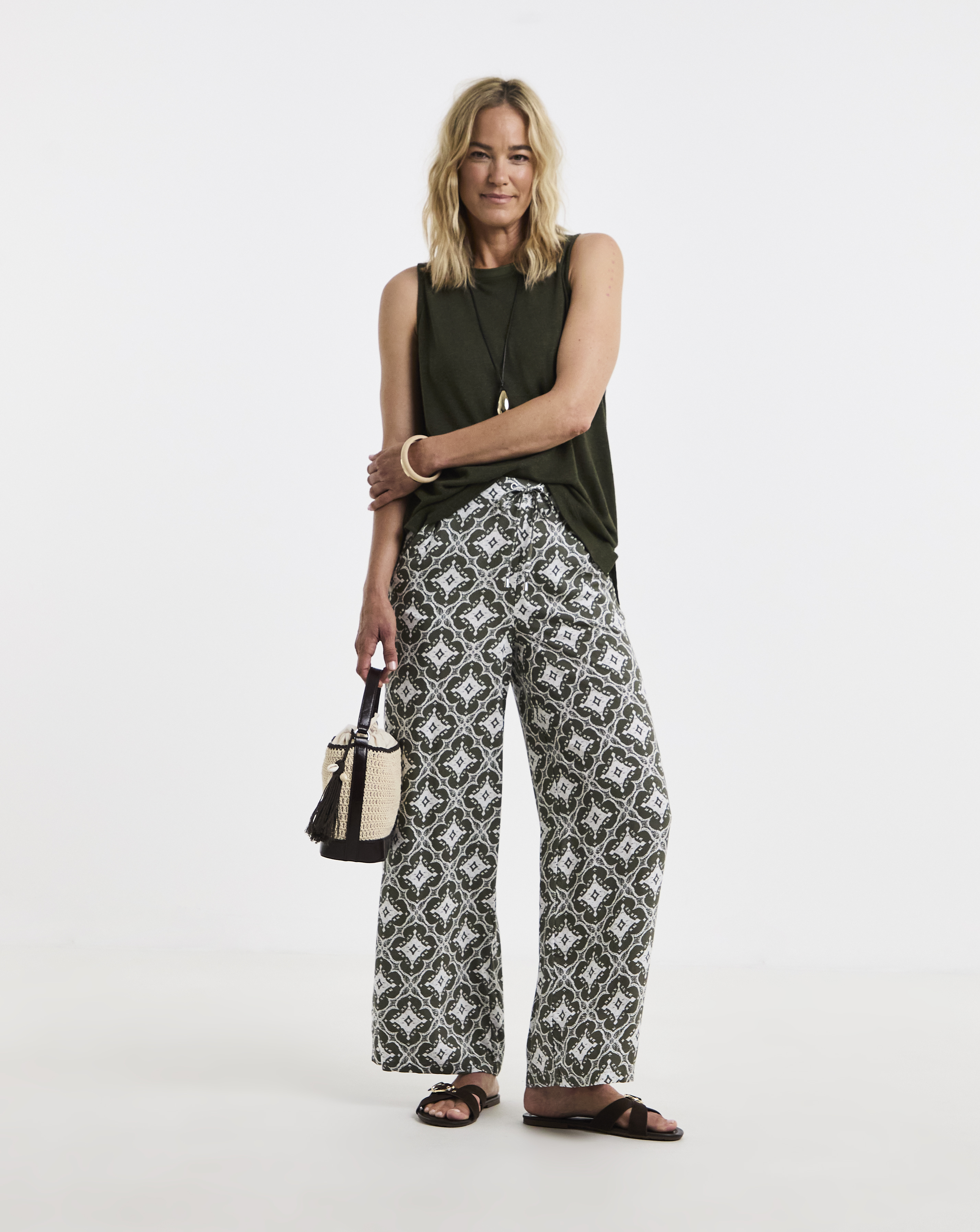 Green Printed Spun Viscose Pull On Wide Leg Trousers