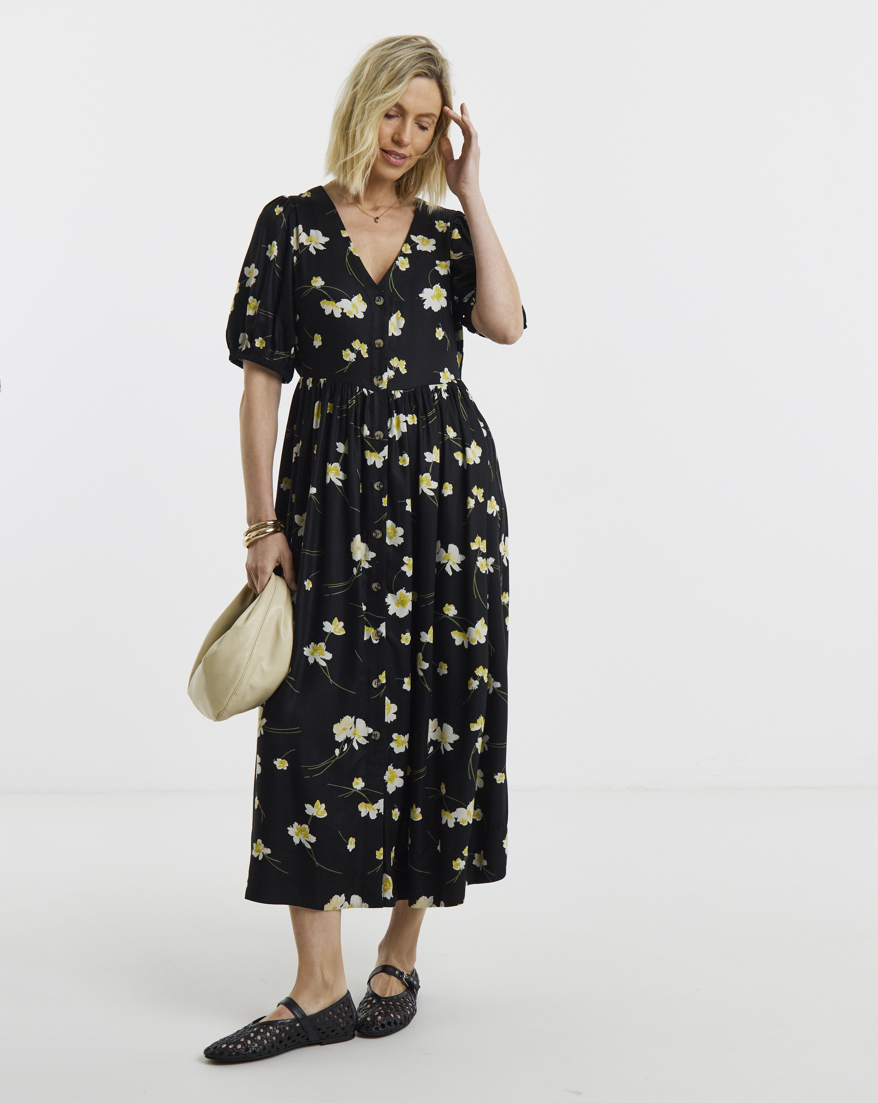 Black Floral Print Puff Sleeve Drop Waist Button Midi Dress