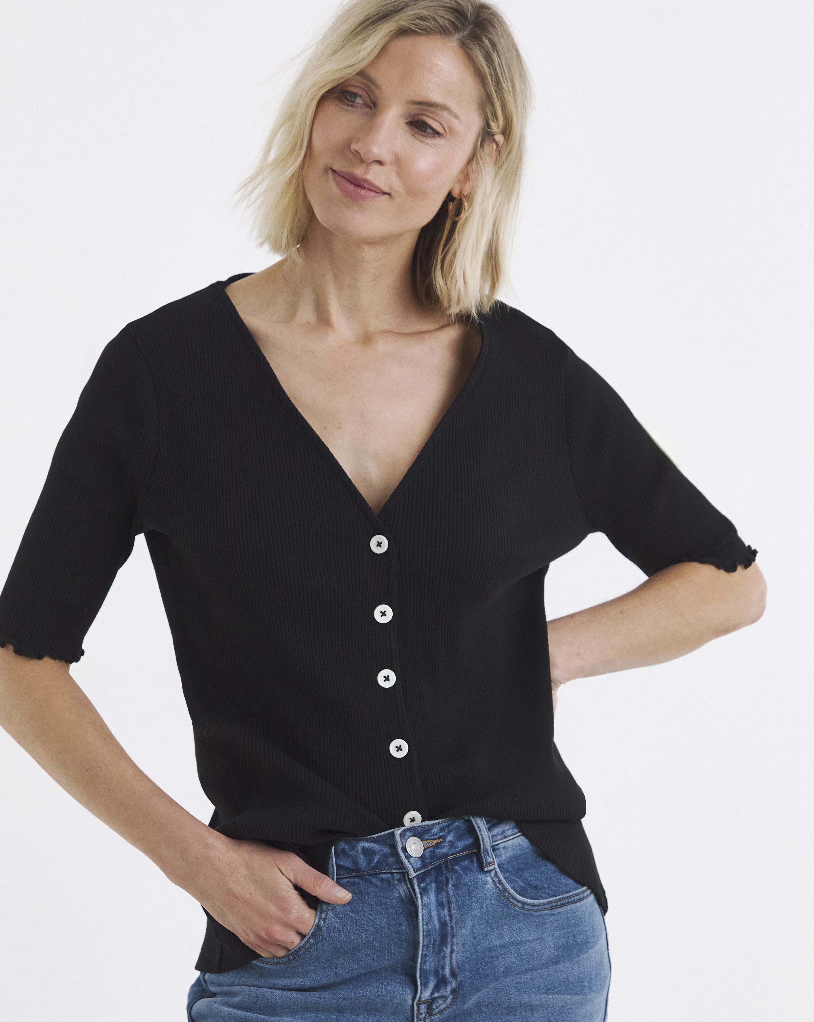 Lettuce Half Sleeve Rib Cardi