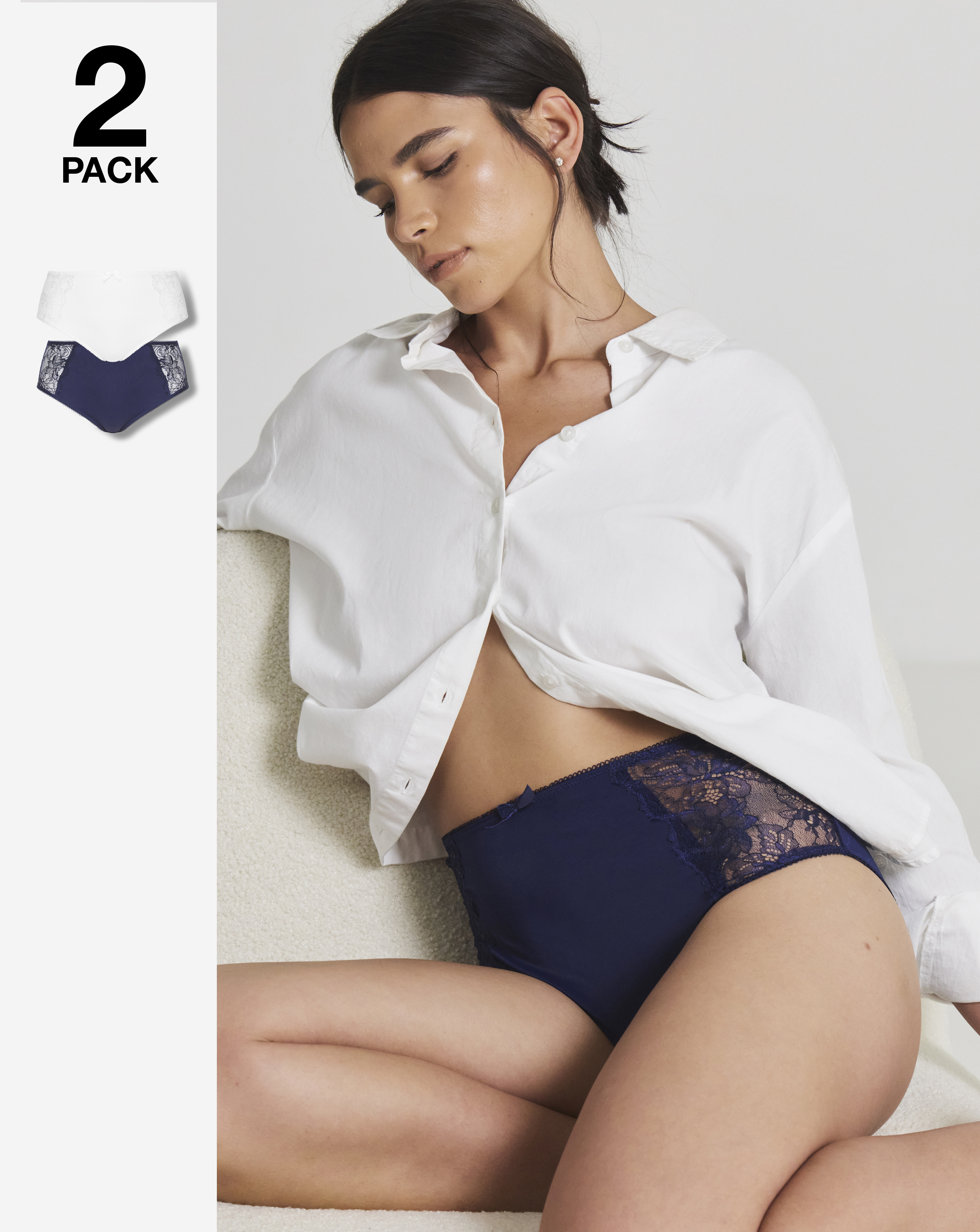 Pretty Secrets Plus Size 2 Pack Ella Lace Briefs In Navy/white | UK Size 16 Women's