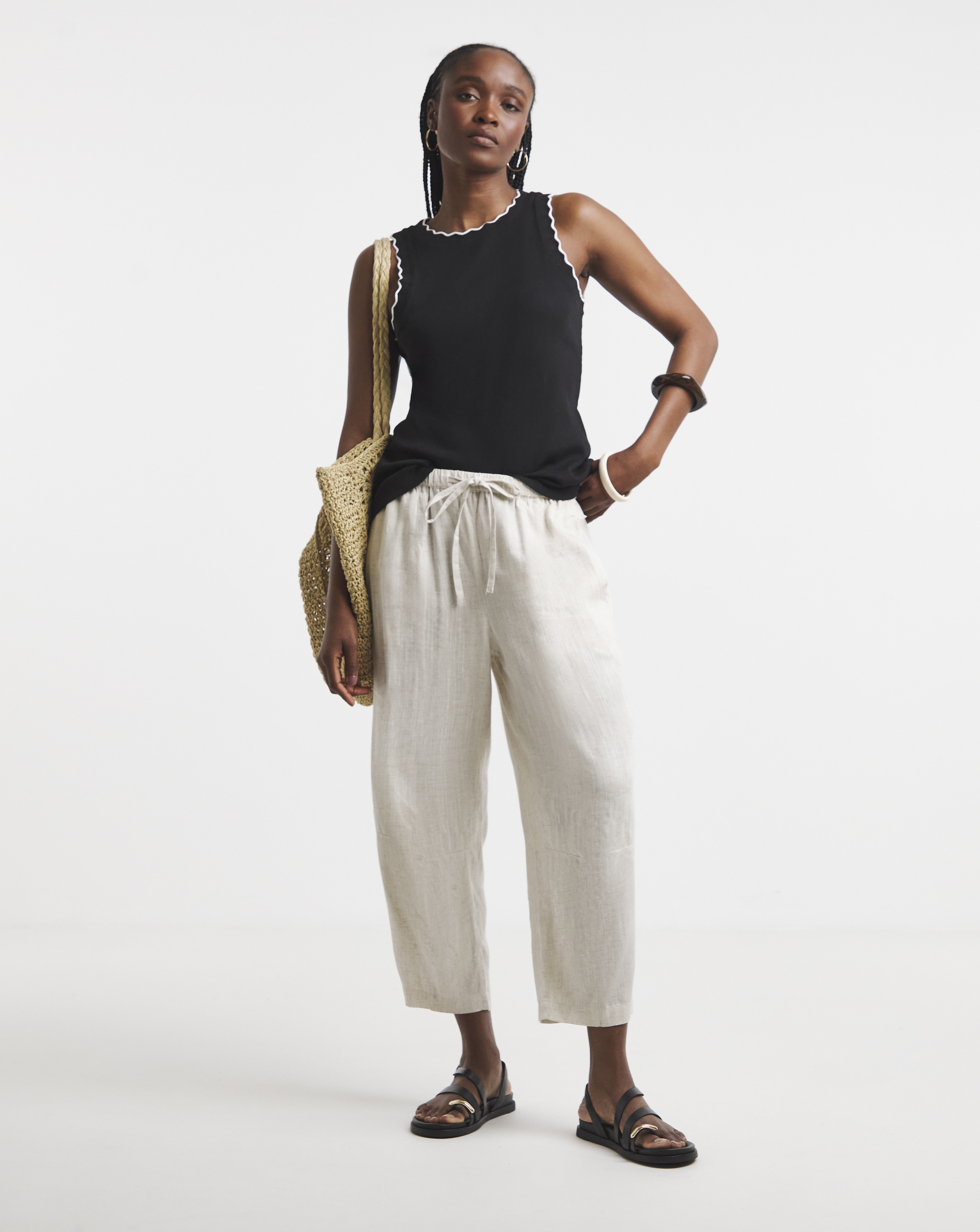 Tie Waist Linen Mix Barrel Leg Trouser