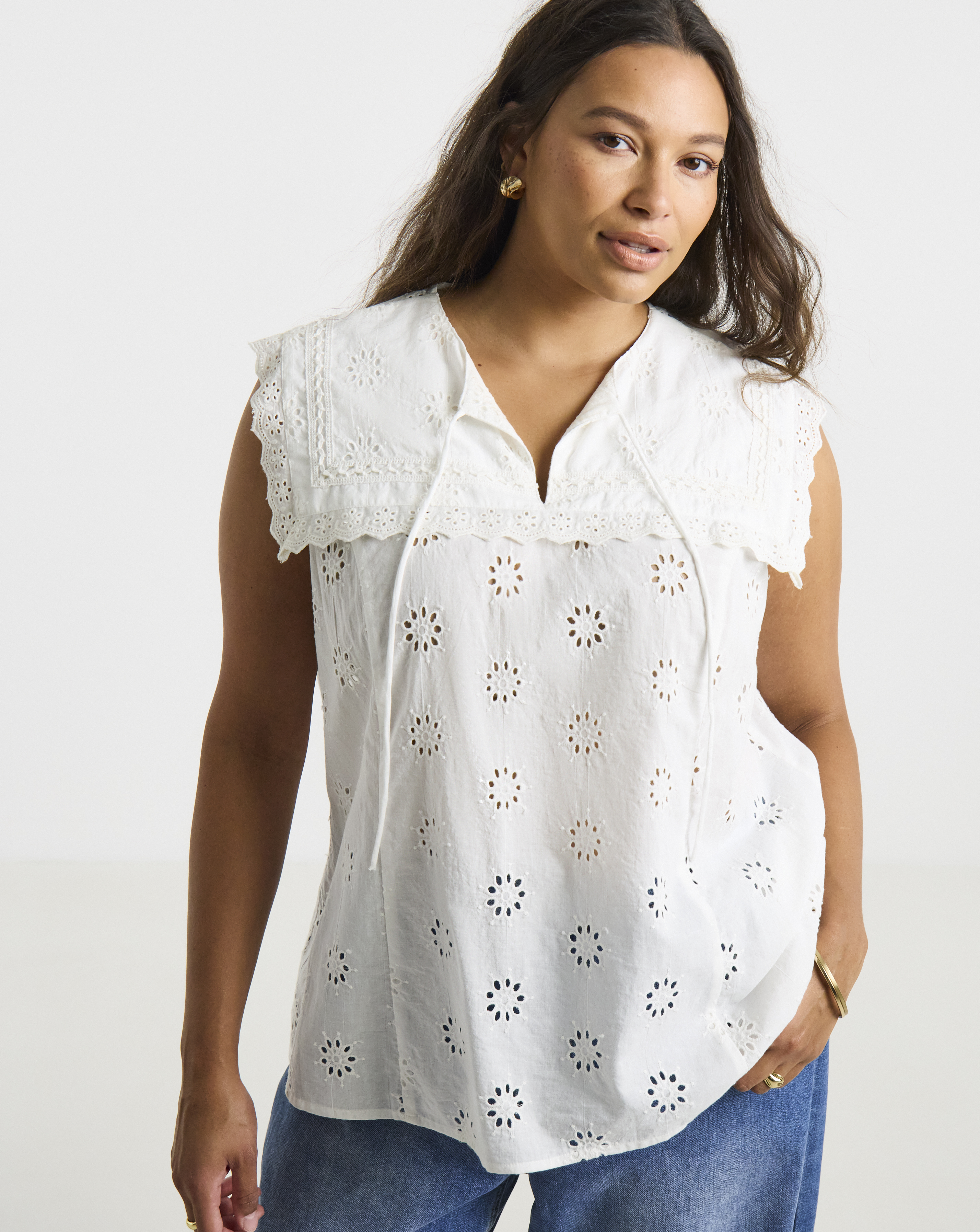 White Collar Broderie Top