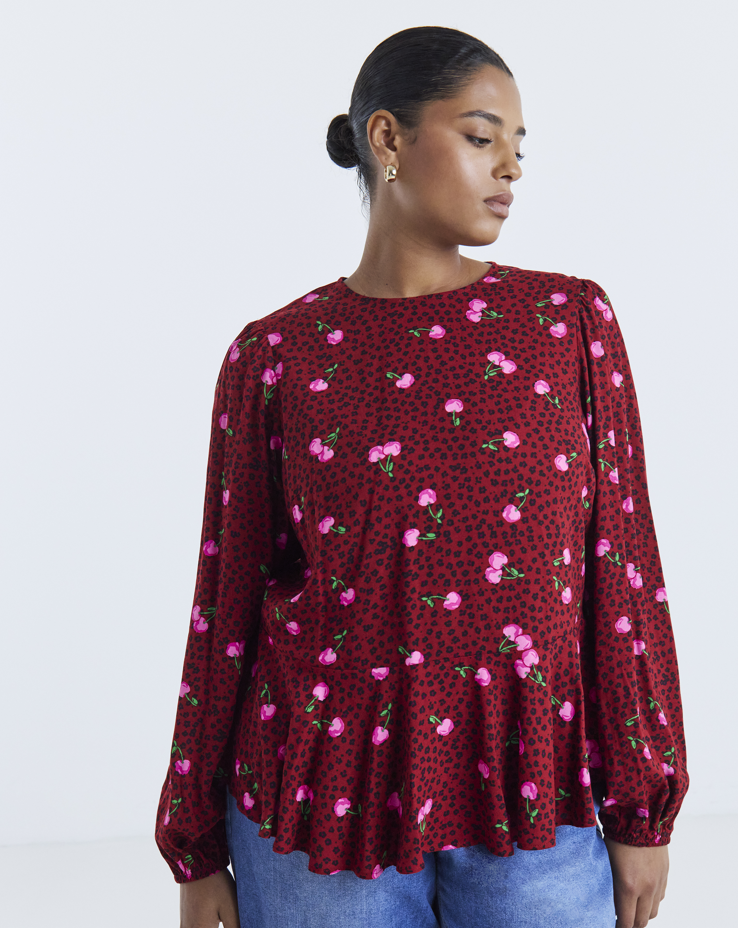 Simply Be Cherry Print Long Sleeve Peplum Top