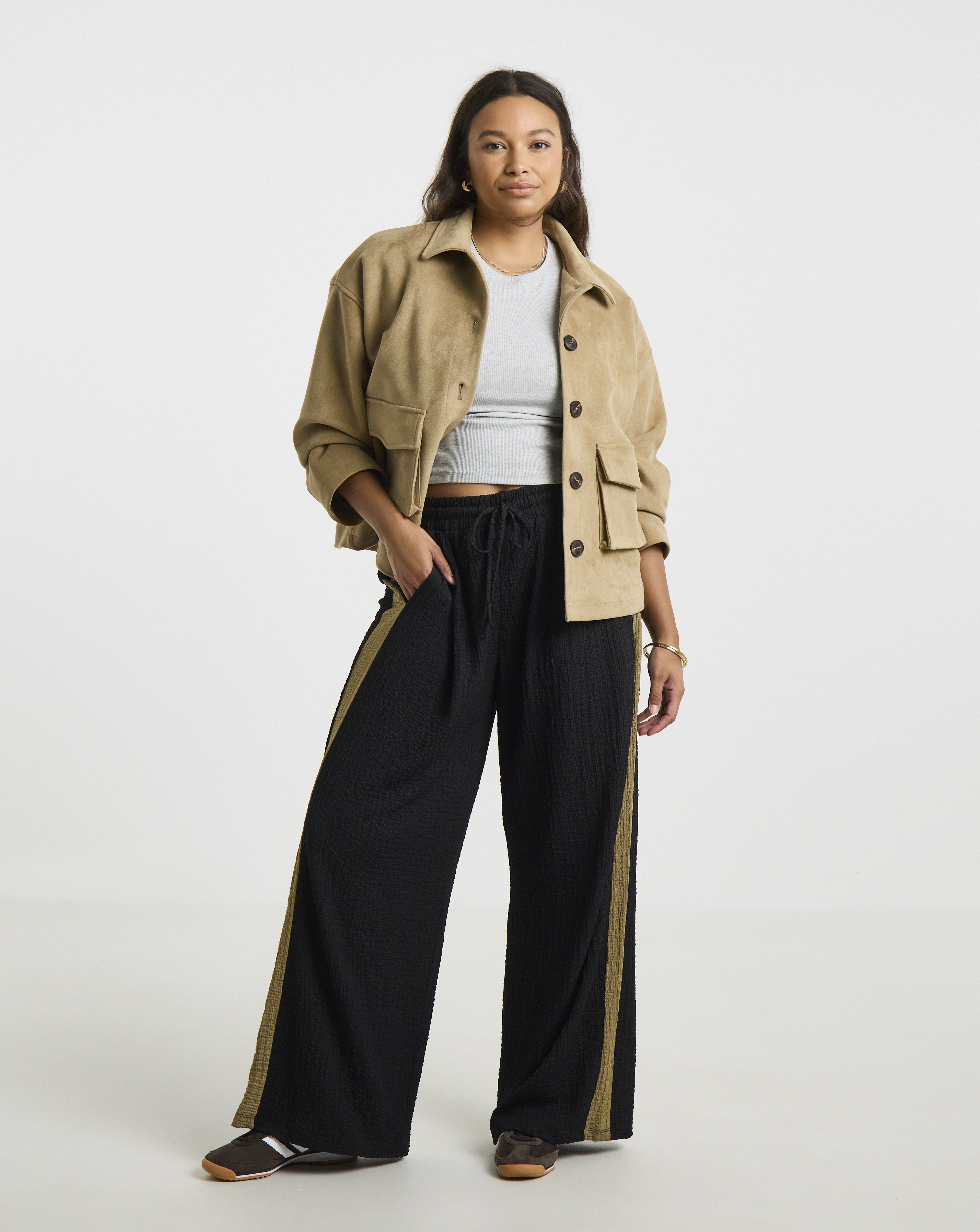 Simply Be Black Textured Jersey Wide Leg Side Stripe Trousers
