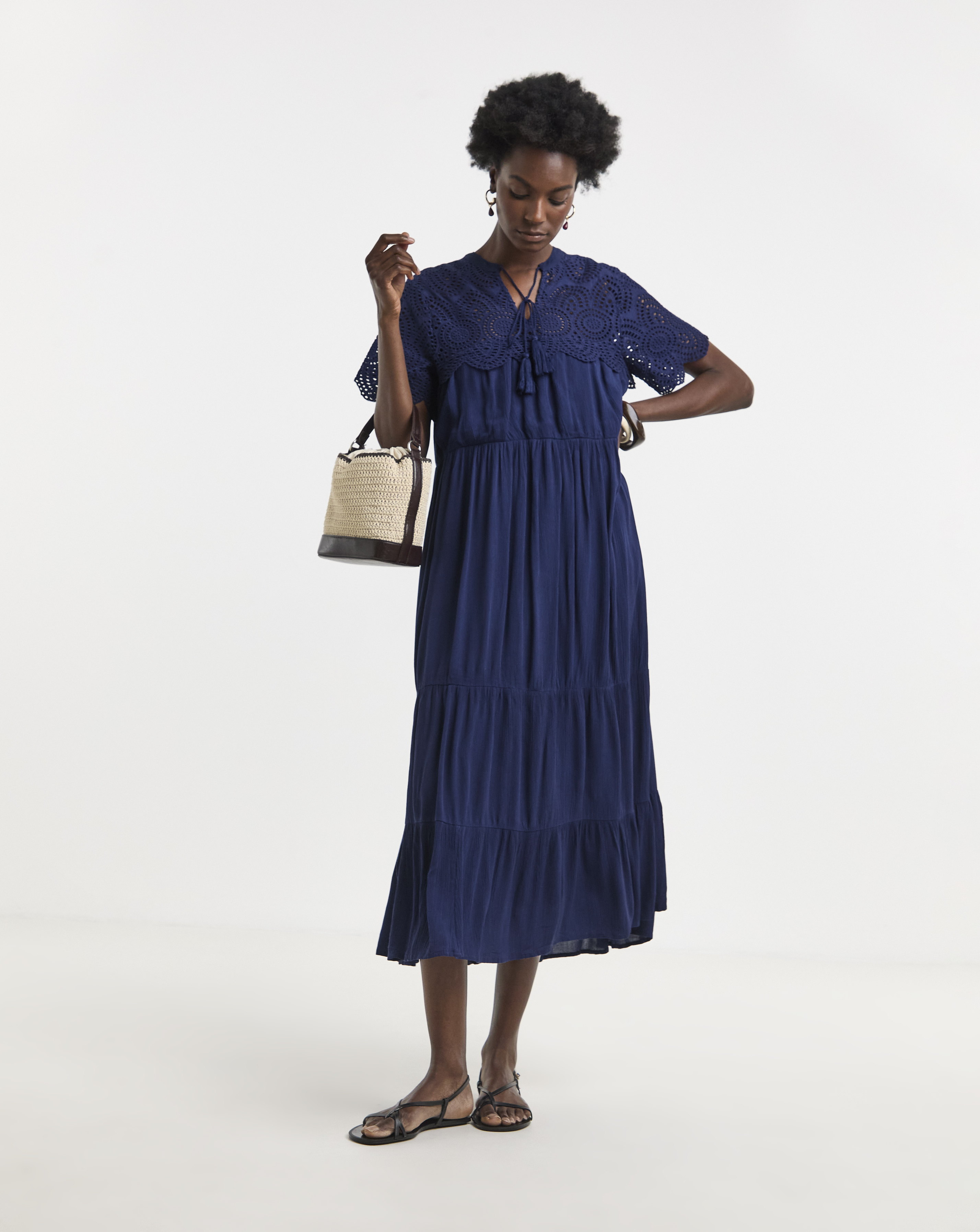 Crinkle Broderie Trim Smock Dress