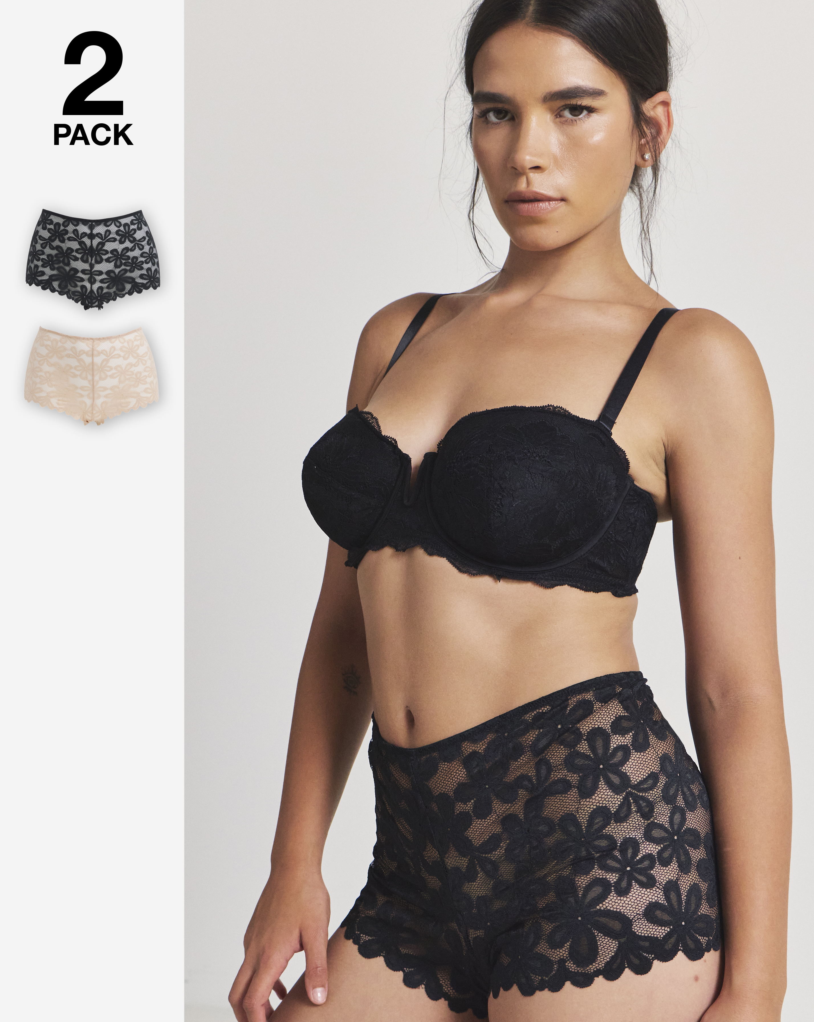 Pretty Secrets 2 Pack Daisy Lace Shorts In Black/almond | UK Size 12 Women's