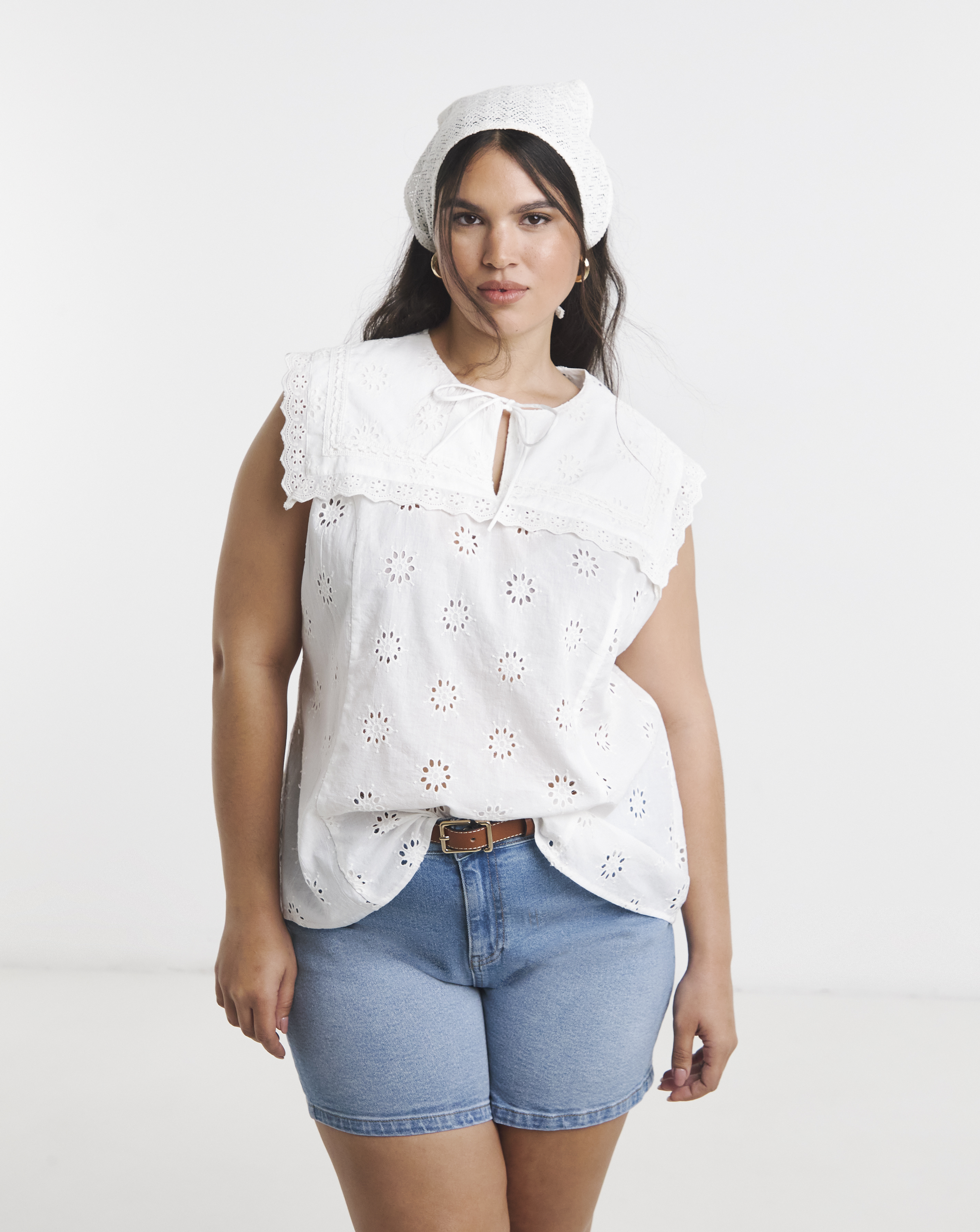 White Collar Broderie Top