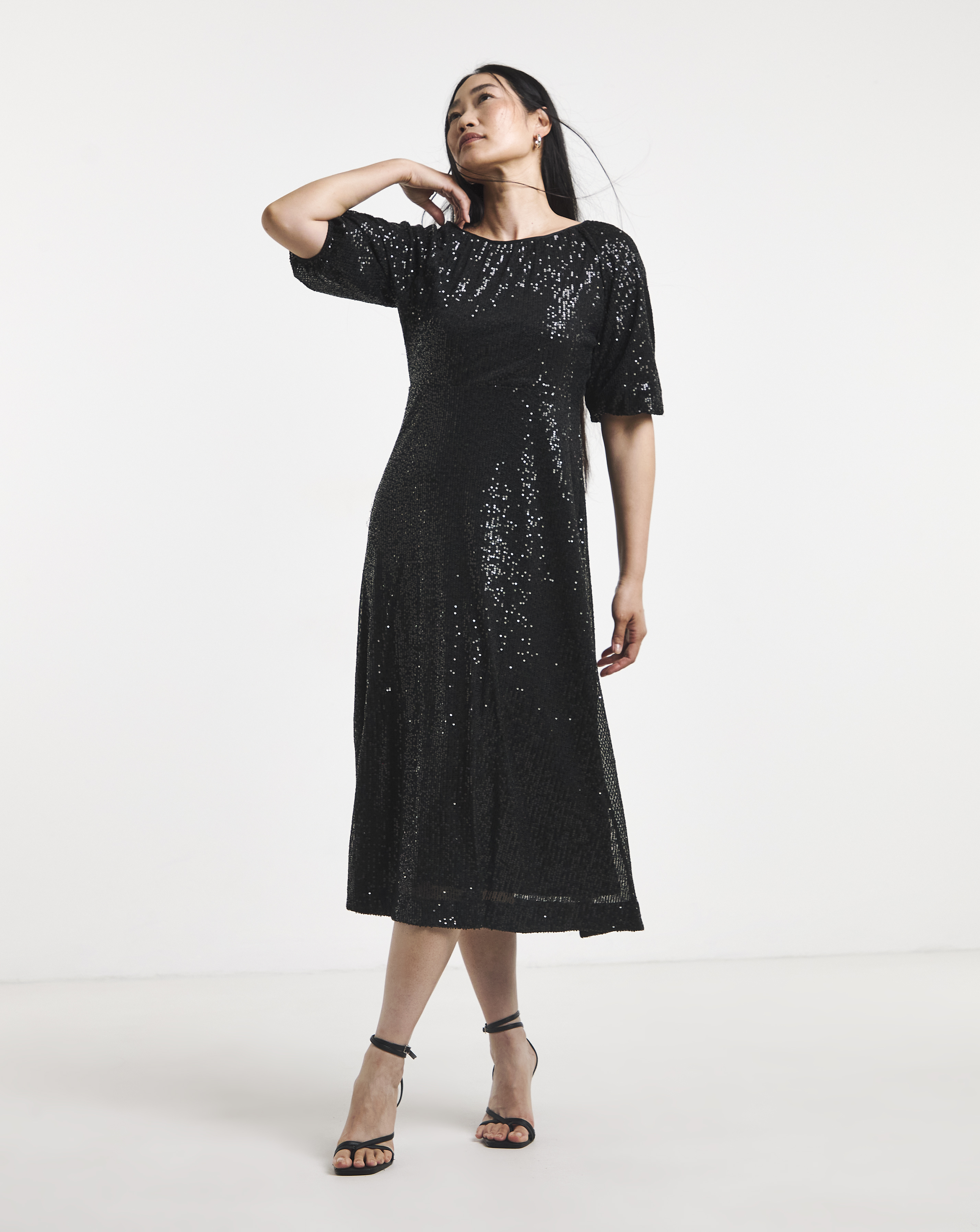 Linear Sequin Puff Sleeve Midi Dress