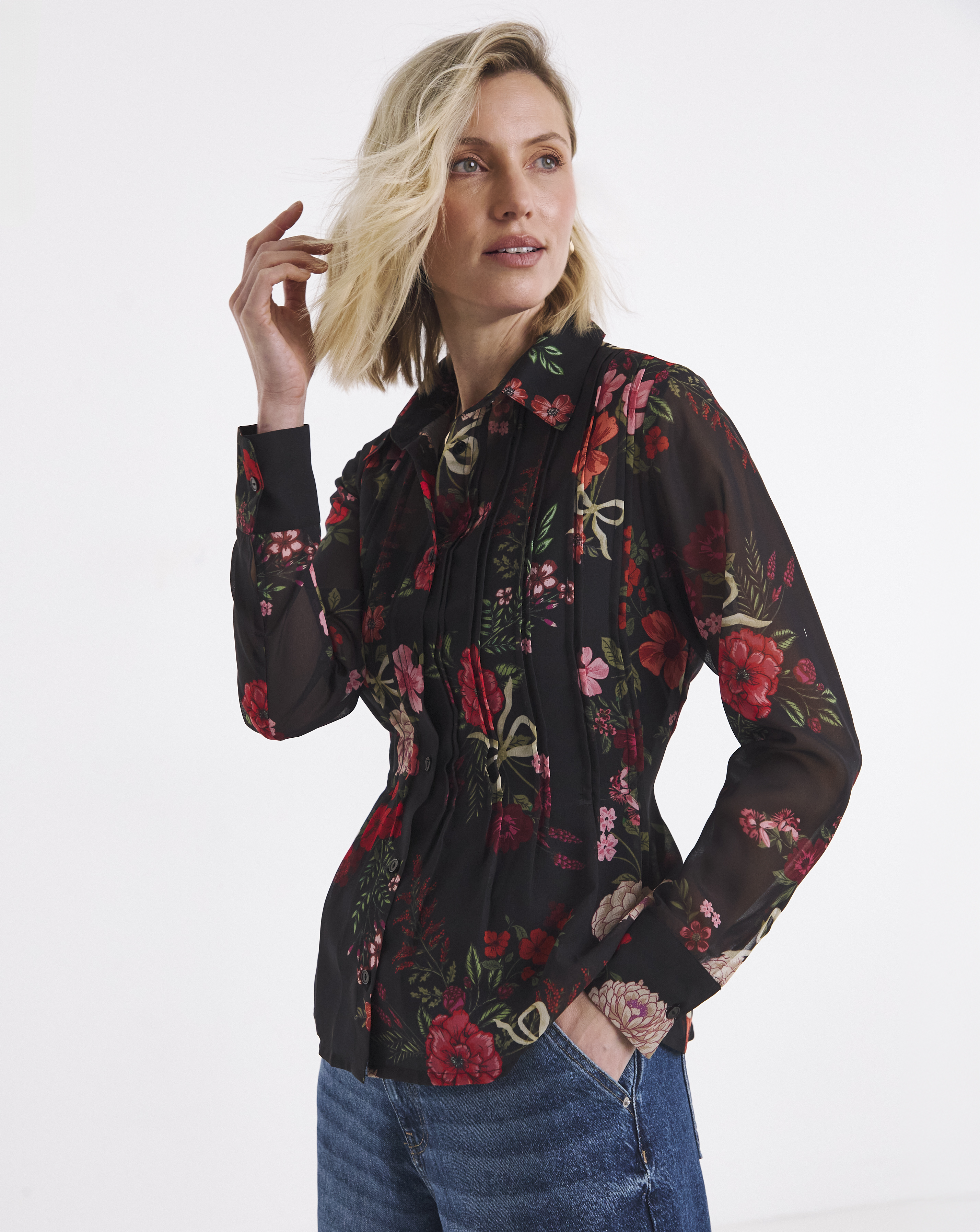 Black Floral Pintuck Peplum Hem Georgette Shirt