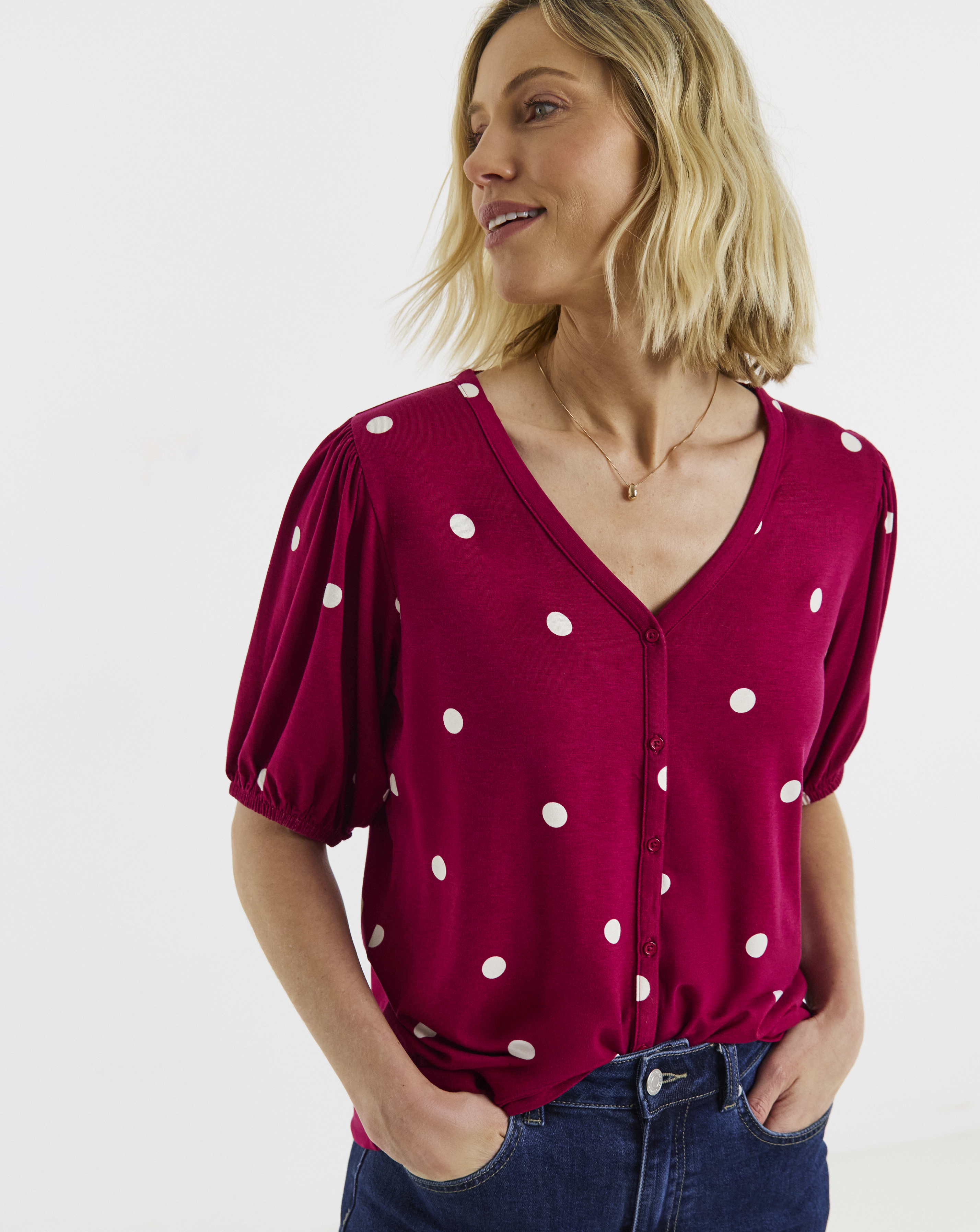 Pink Spot Button Front Short Sleeve Top
